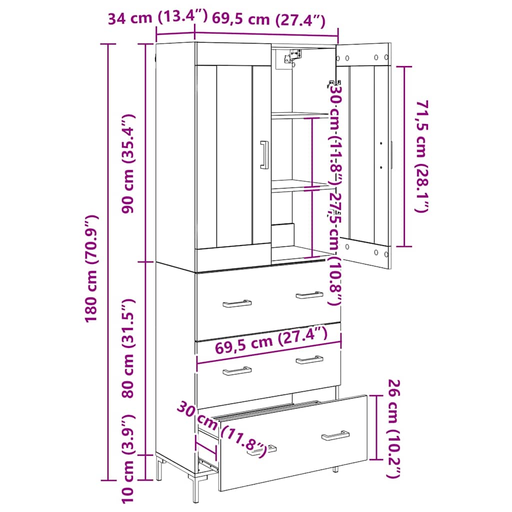 Highboard Artisan Eiken 69,5 x 34 x 180 cm Bewerkt hout