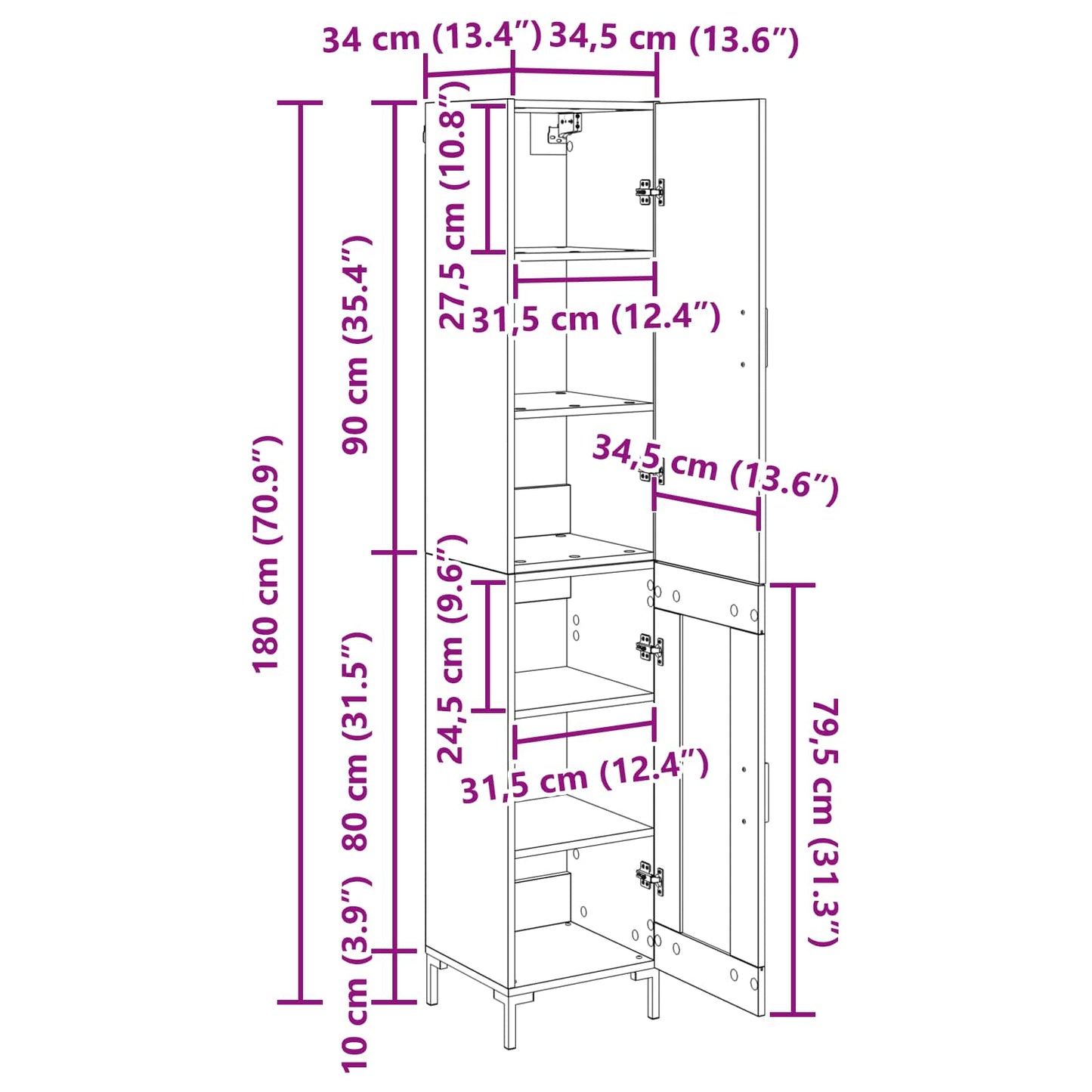Hoge kast Artisan Eiken 69,5 x 34 x 180 cm Bewerkt hout