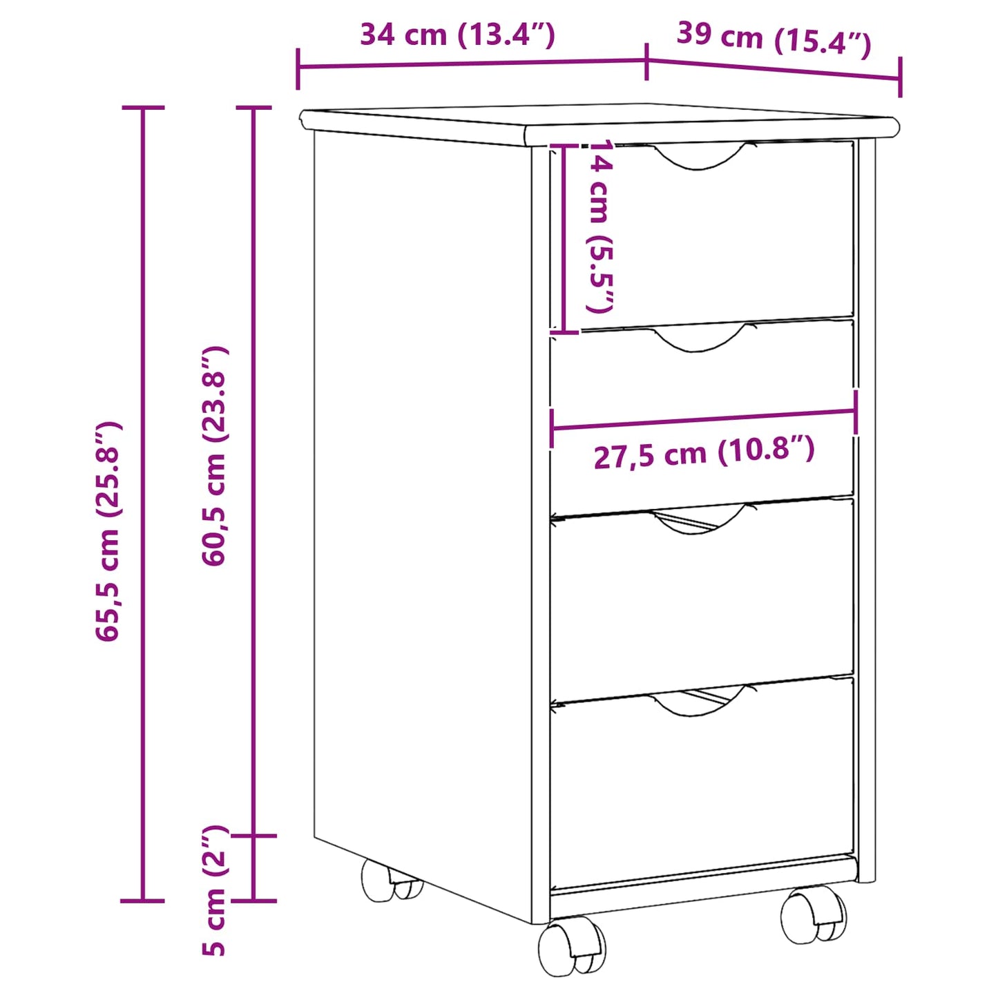Rolling Kast met wiel Zwart 34 x 39 x 65,5 cm Massief Vurenhout