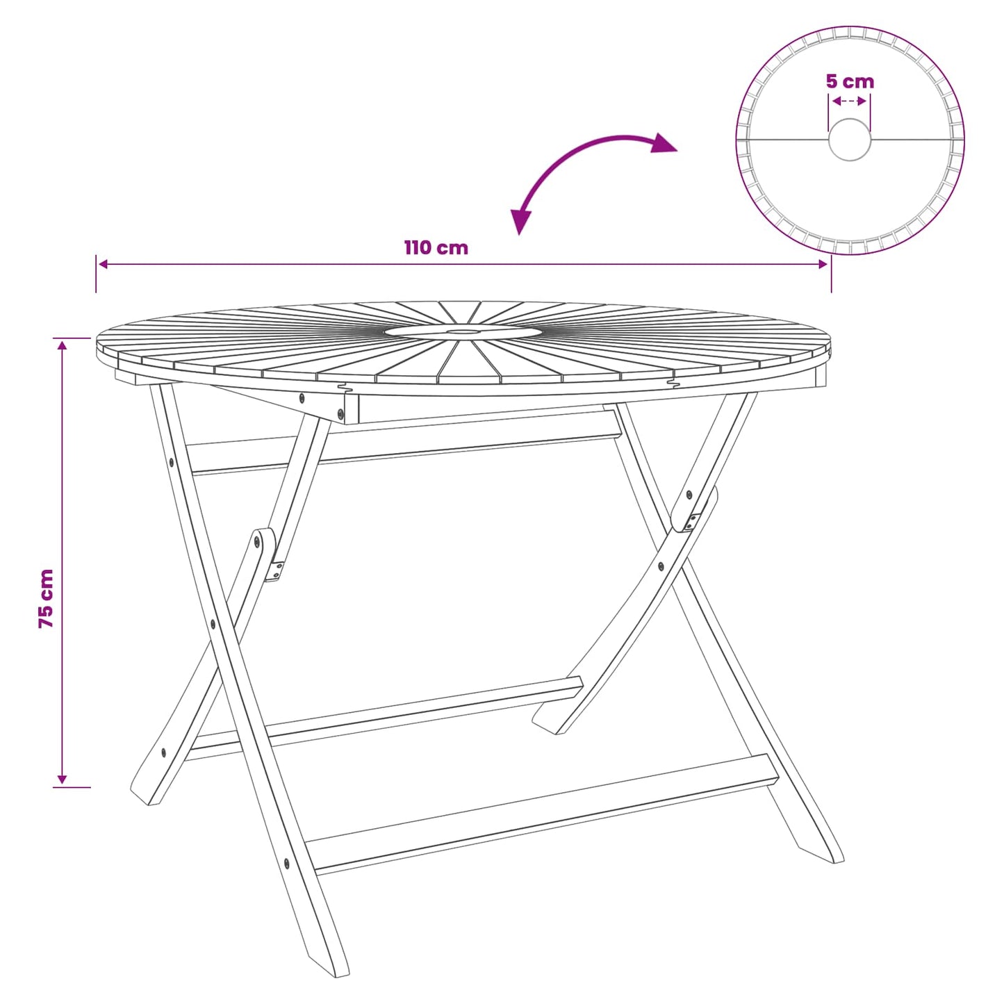 Vouw Tuin Tafel Naturel Ø110 x 75 cm Massief Acaciahout