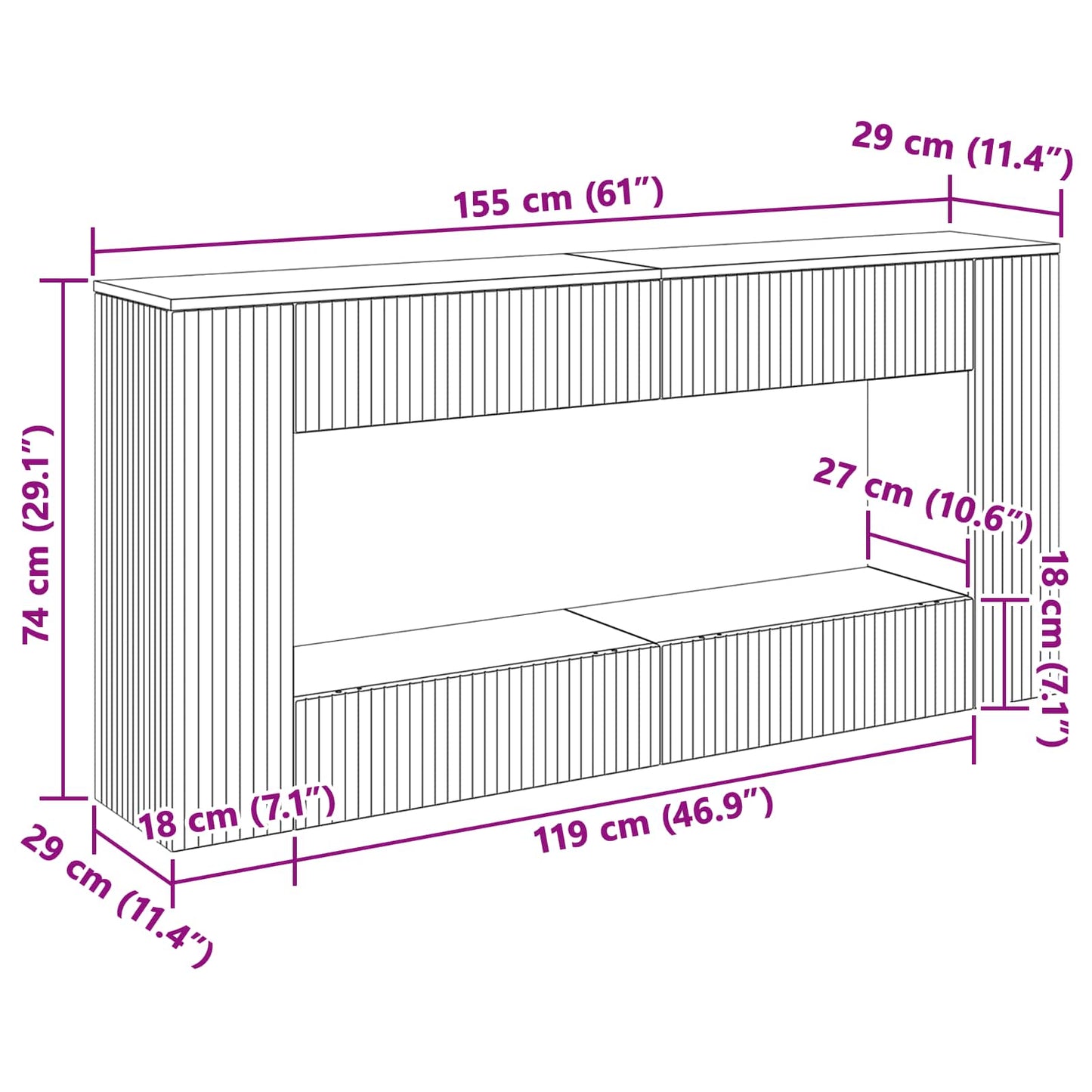 Wandtafel Gestreept Oudhout 155 x 29 x 74 cm Geconstrueerd hout