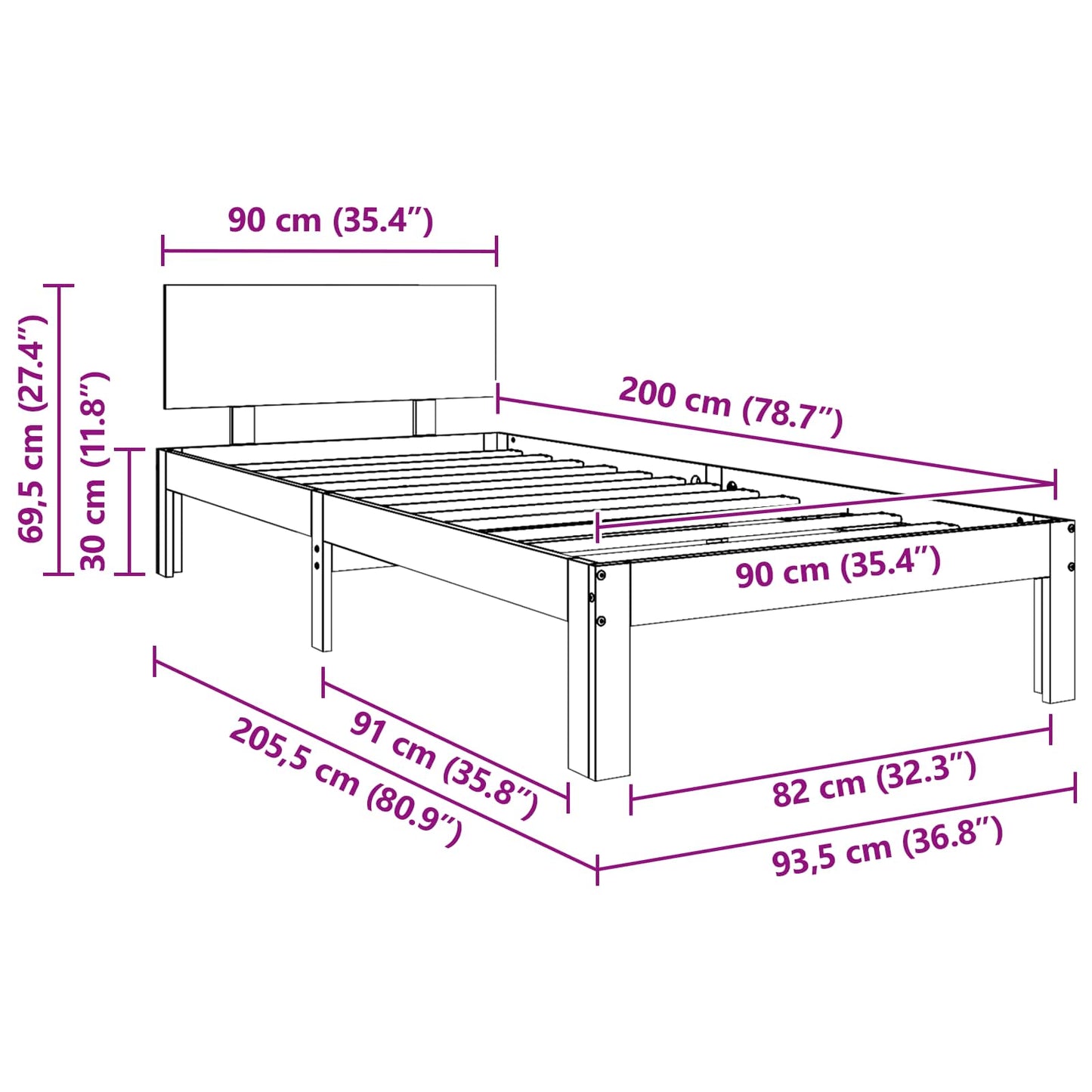 Bedframe met hoofdeinde Wasbruin 90 x 200 cm Massief grenenhout