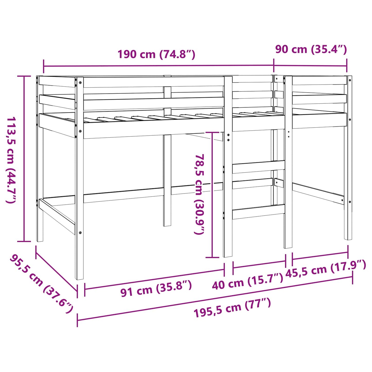 Loft Bed Wasbruin 90 x 190 cm Massief grenenhout