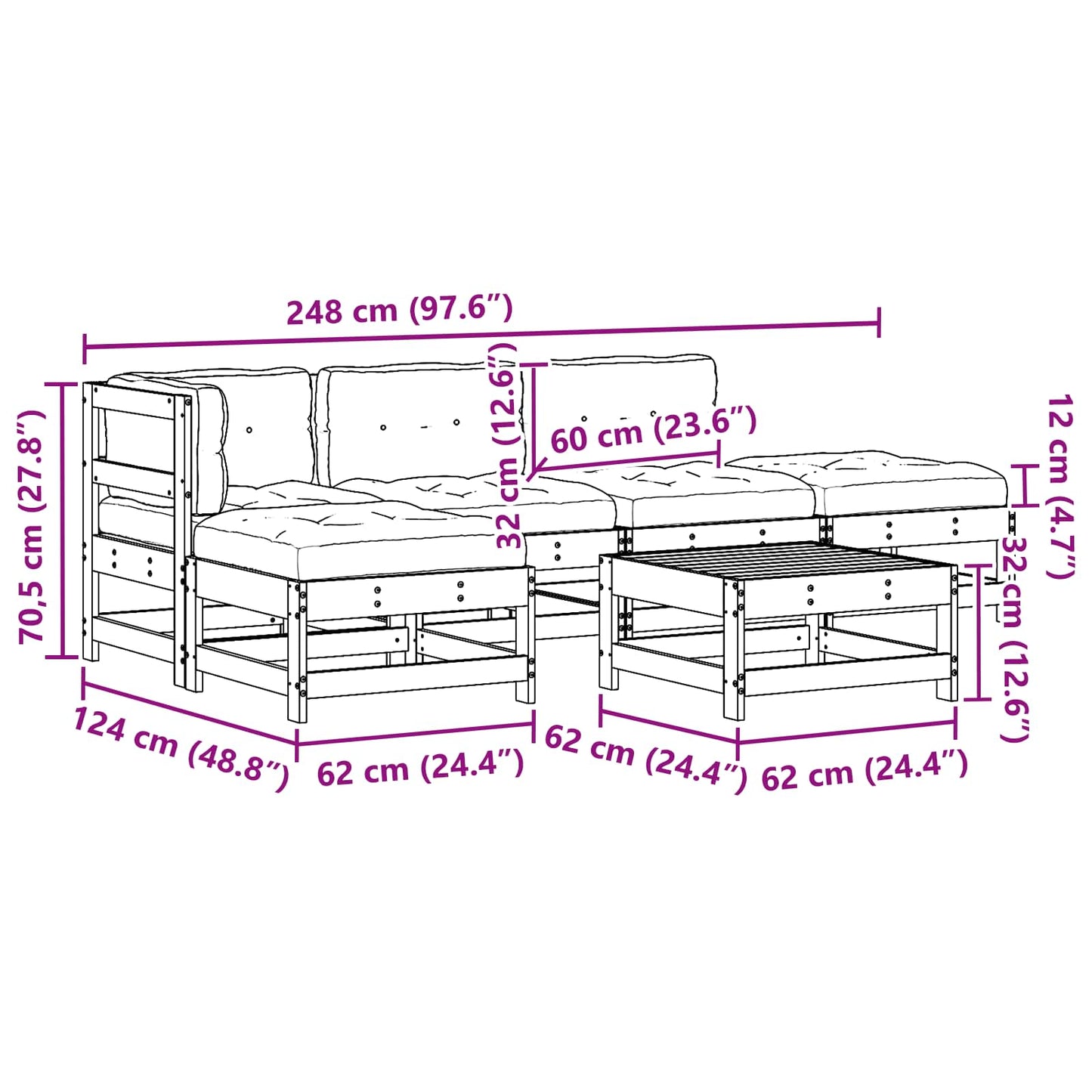 Tuin loungeset 5 pcs Wax Bruin en Taupe Massief grenenhout