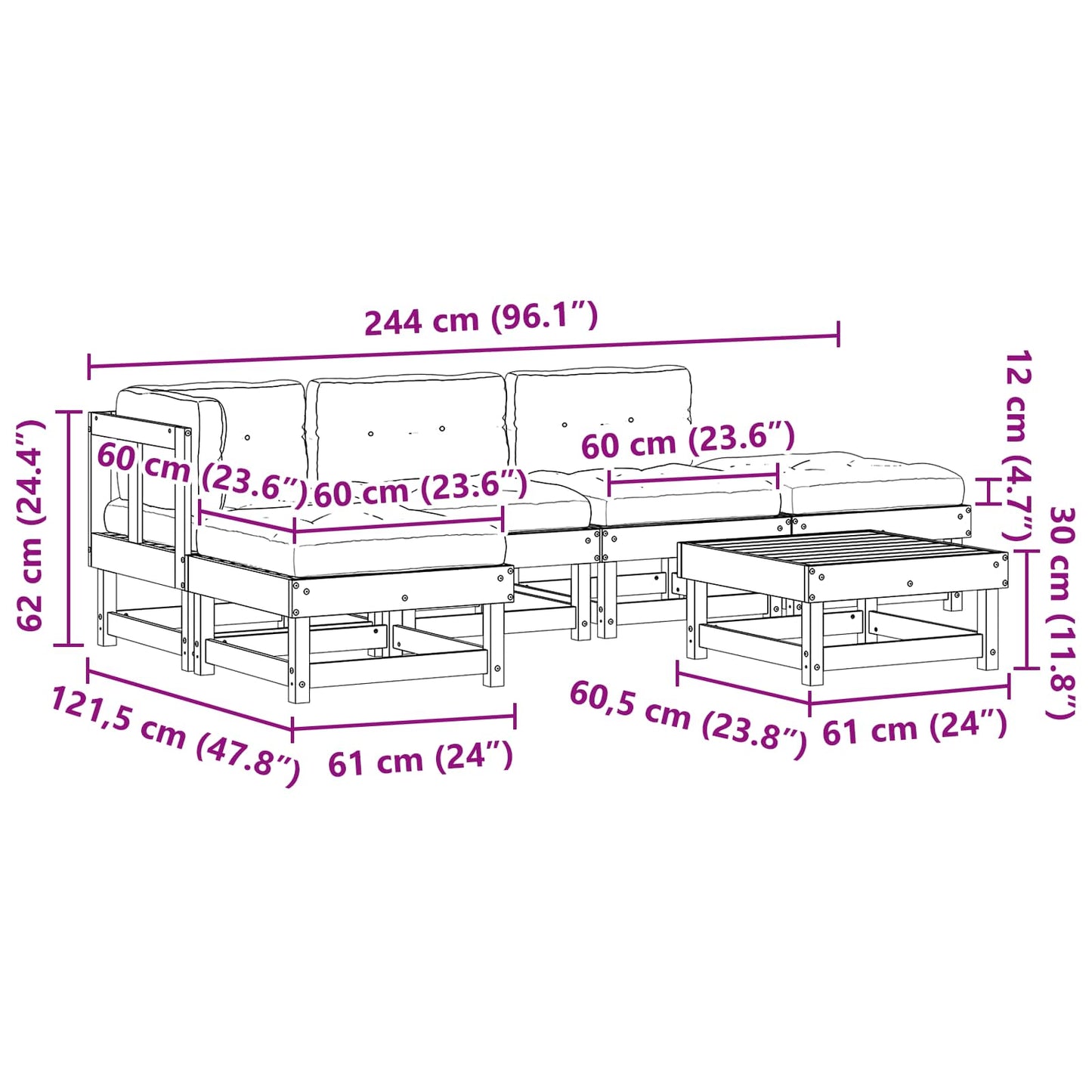 Tuin loungeset 6 pcs Wasbruin Massief grenenhout
