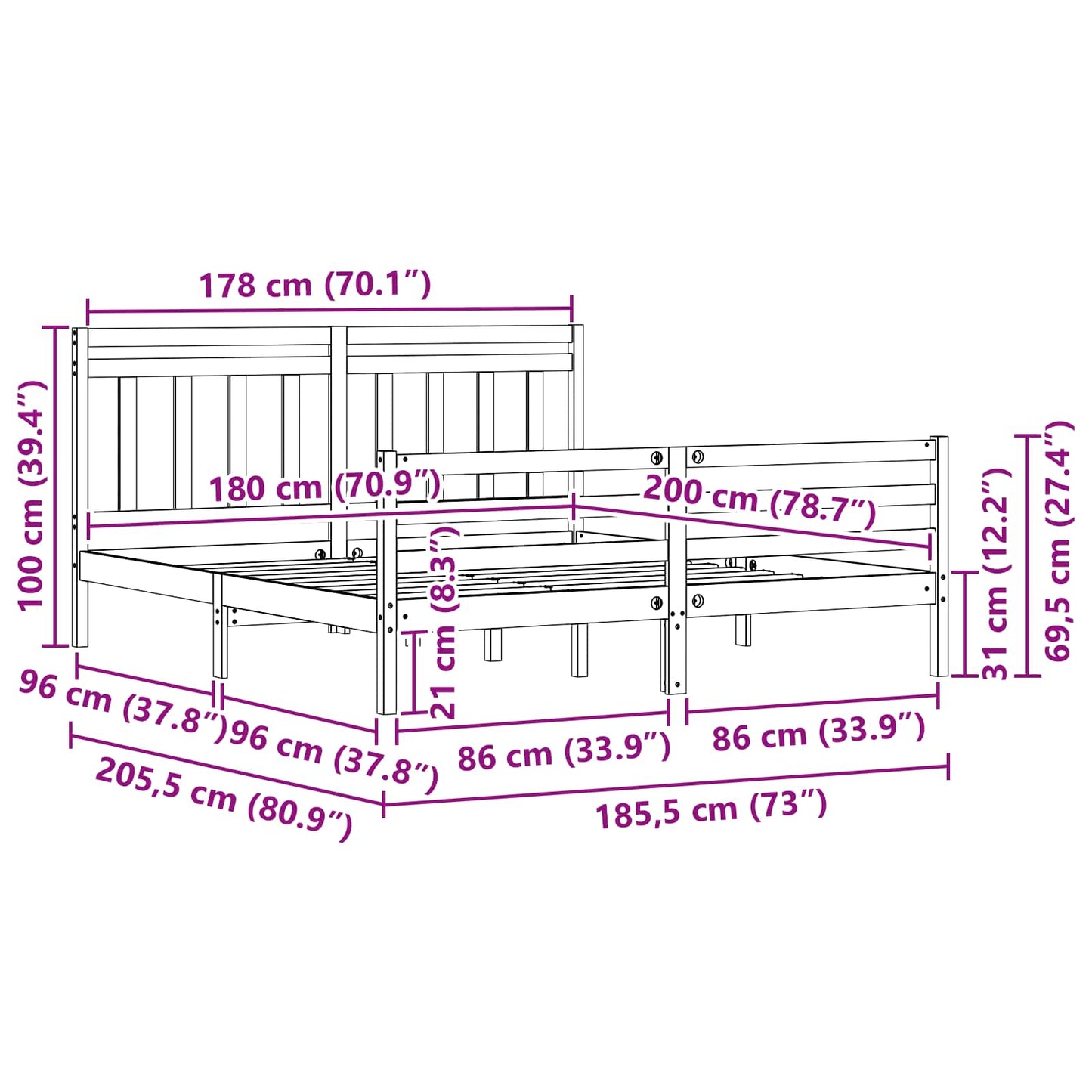 Bedframe met hoofdeinde 2 pcs Wasbruin 180 x 200 cm