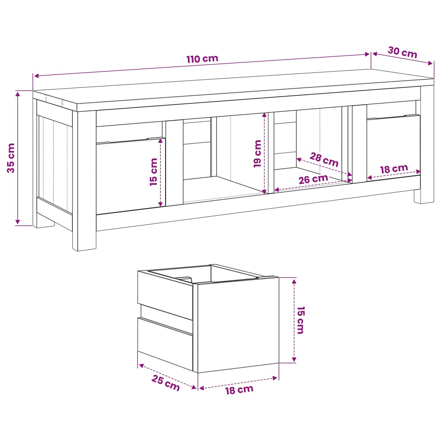 TV-kast 110 x 30 x 35 cm Naturel Massief Teakhout
