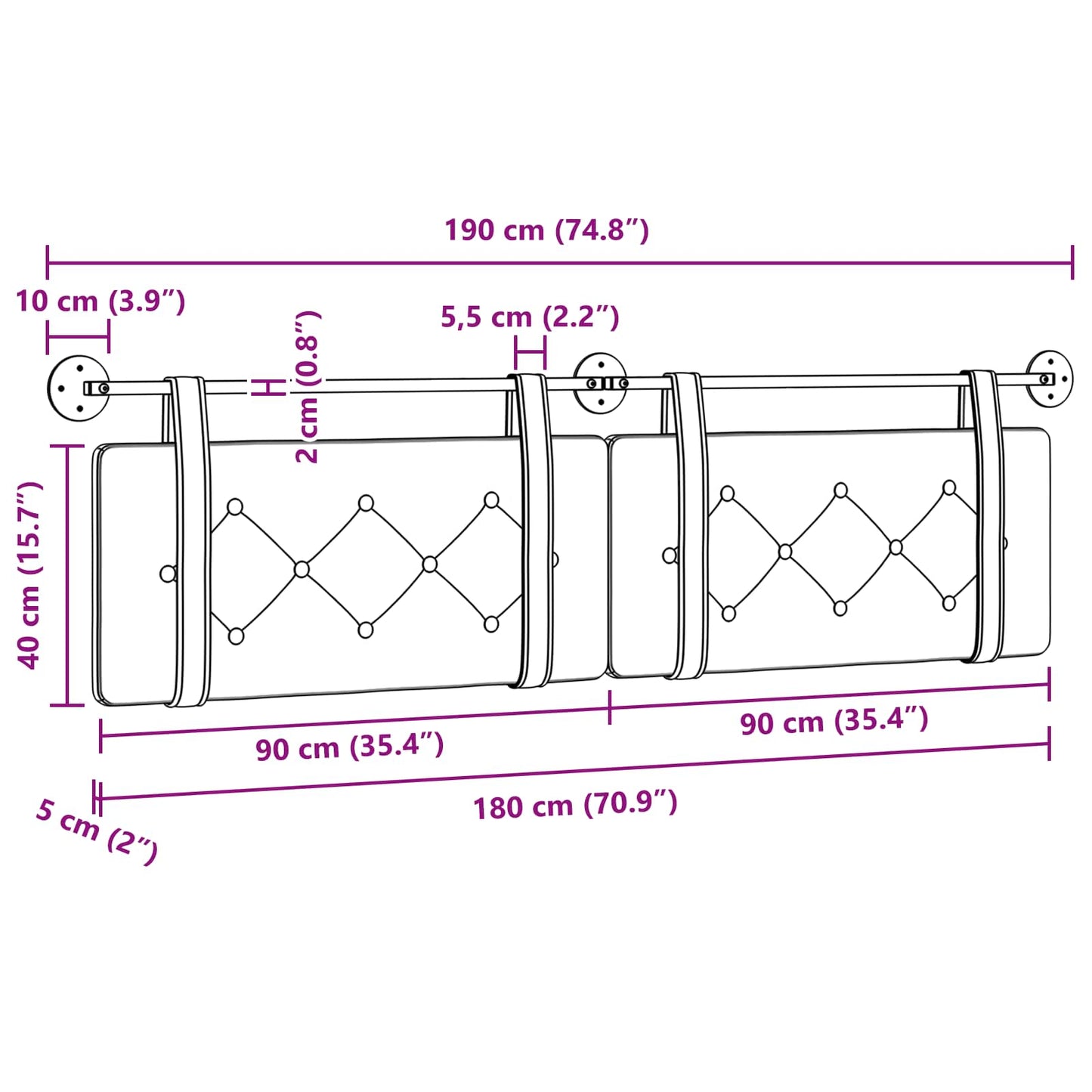 Hangend Hoofdeinde Wandgemonteerd Roze 190 x 55 x 5 cm Fluweel