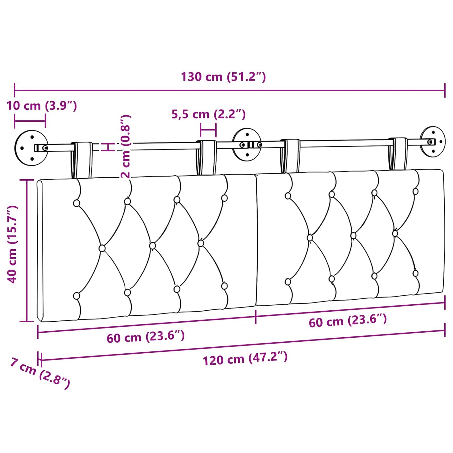 Hangend Hoofdeinde Wandgemonteerd Roze 130 x 55 x 7 cm Stof
