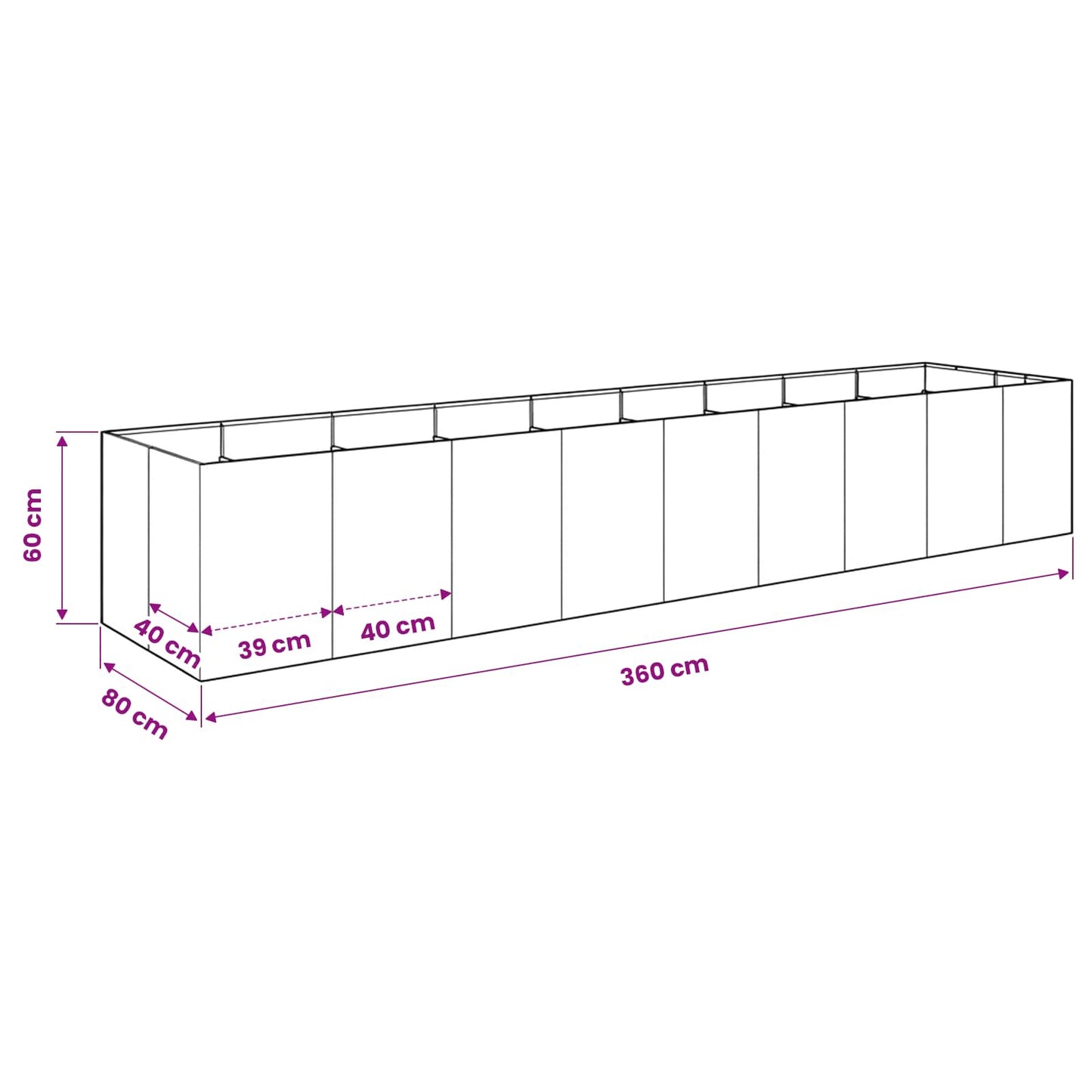 Plantenbak zilver 360 x 80 x 60 cm Roestvrij staal