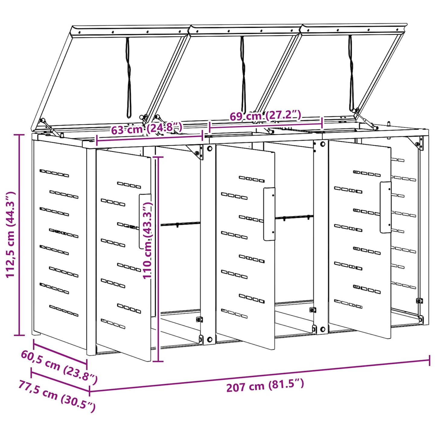 Afvalbak opslag Zwart 207 x 77,5 x 112,5 cm Roestvrij staal