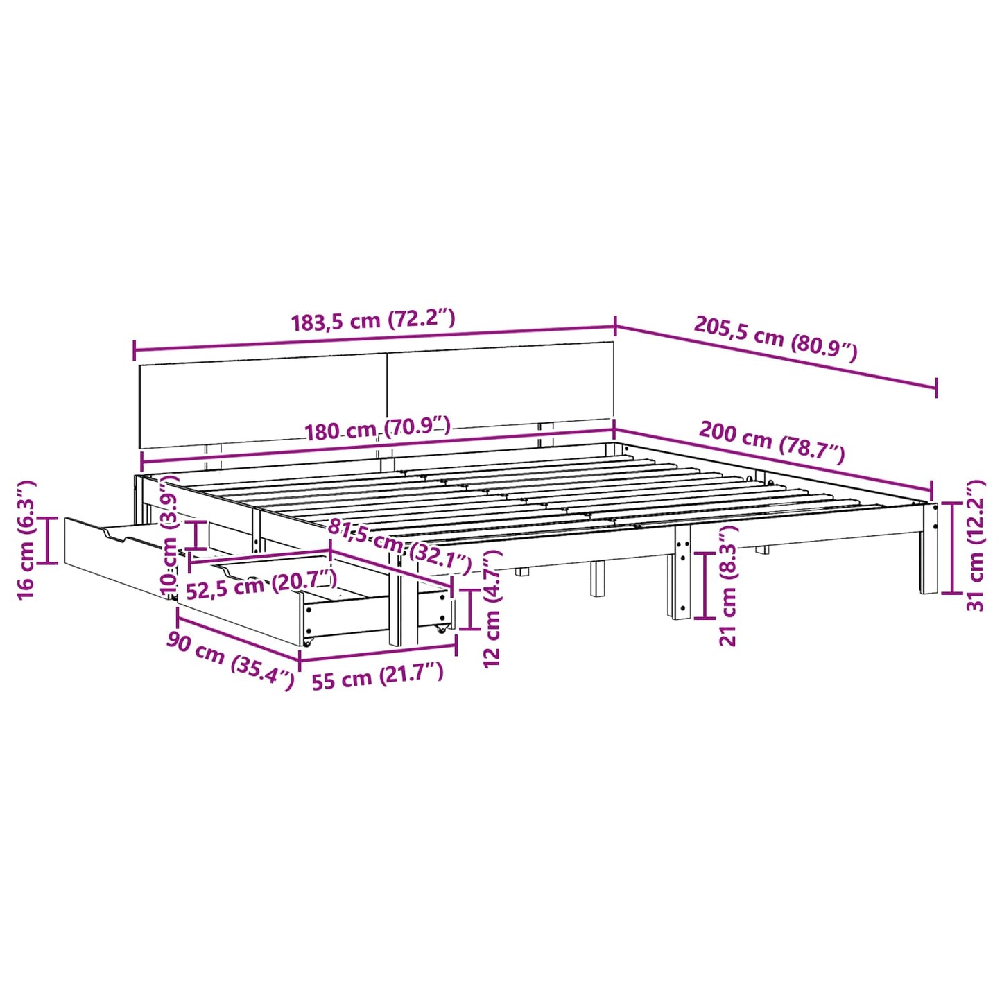 Bedframe met hoofdeinde Wasbruin 180 x 200 cm Massief Vurenhout