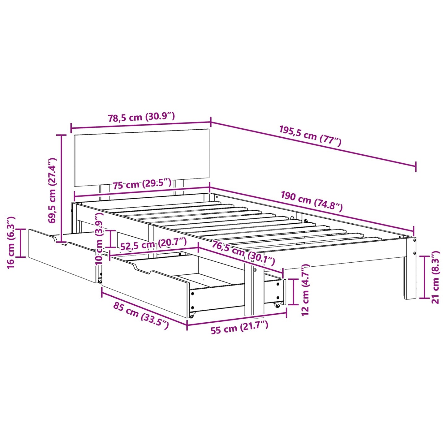Bedframe met hoofdeinde Wasbruin 70 x 190 cm Massief Vurenhout