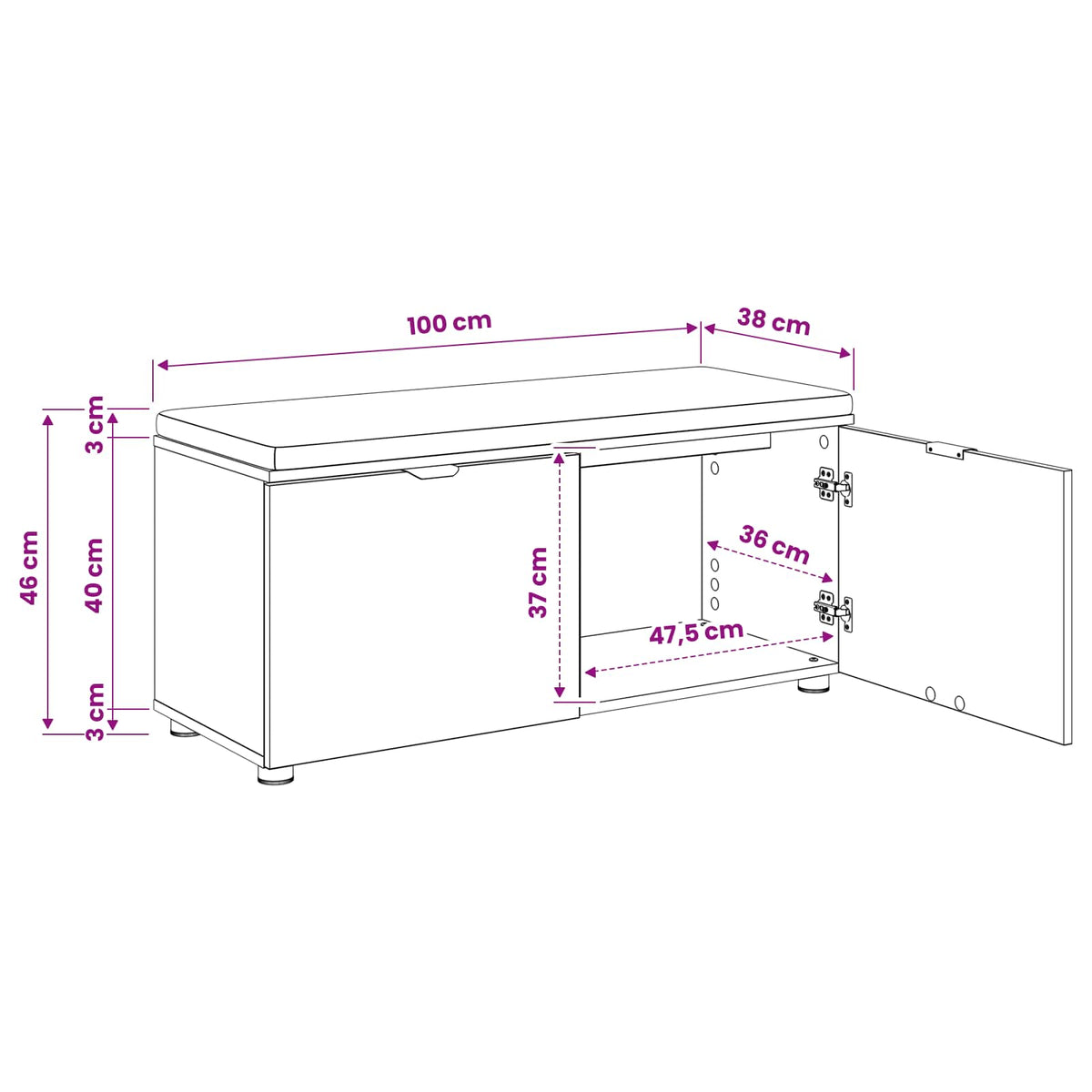 Schoenbank met kussen Artisanaal eiken 100 x 38 x 46 cm