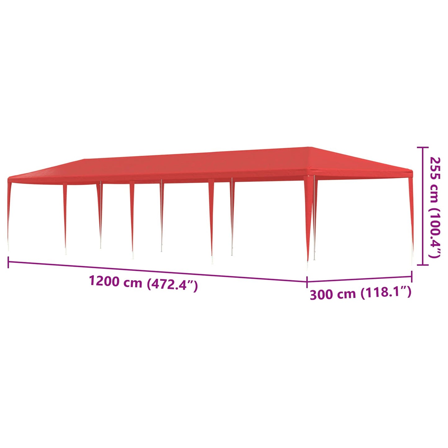 Partytent Rood 1200 x 300 x 255 cm PE en staal