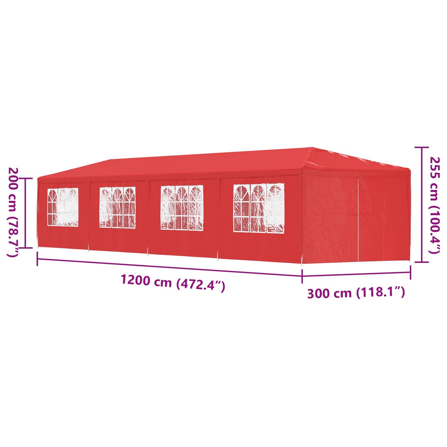 Partytent 1200 x 300 x 255 cm Rood PE en staal
