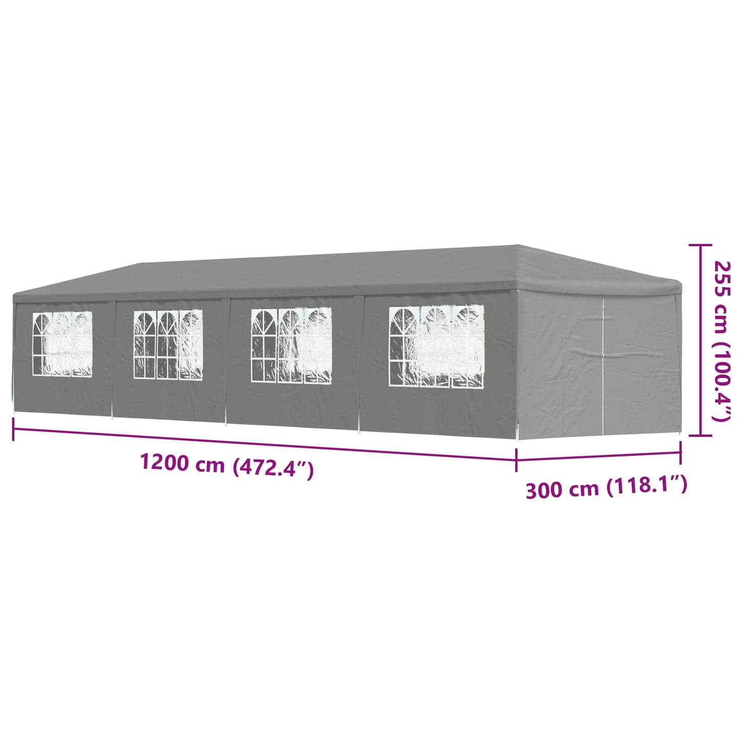 Partytent 1200 x 300 x 255 cm Lichtgrijs PE en staal