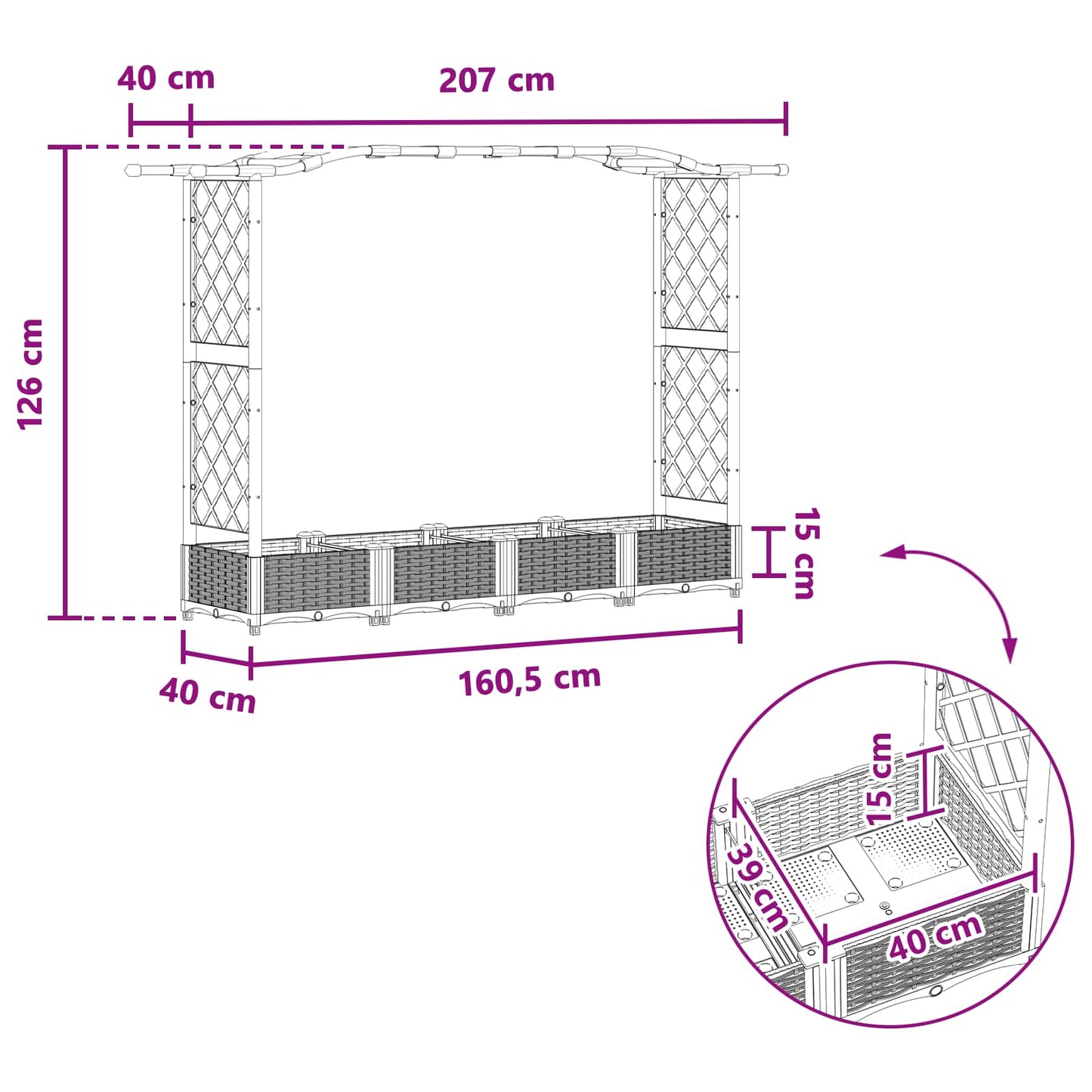 Verhoogd Bed met Trellis en Dak Bruin 207 x 40 x 126 cm PP