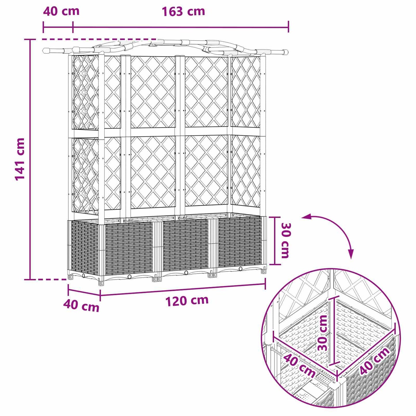 Verhoogd Bed met Trellis en Dak Zwart 163 x 40 x 141 cm PP