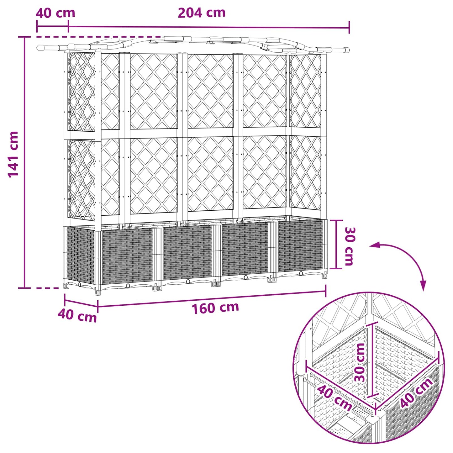 Verhoogd Bed met Trellis en Dak Zwart 204 x 40 x 141 cm PP