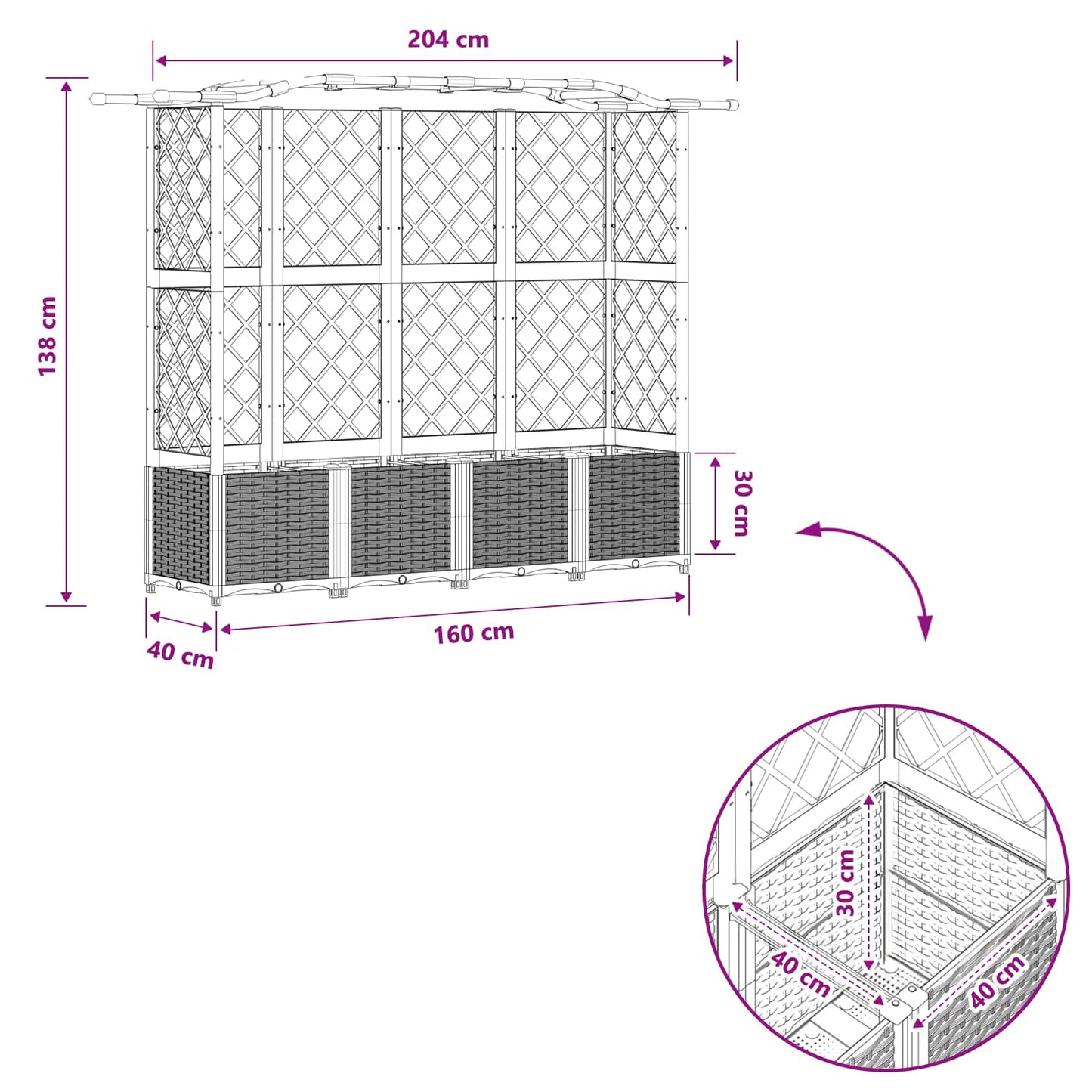 Verhoogd Bed met Trellis en Dak Lichtgrijs 204 x 40 x 138 cm PP