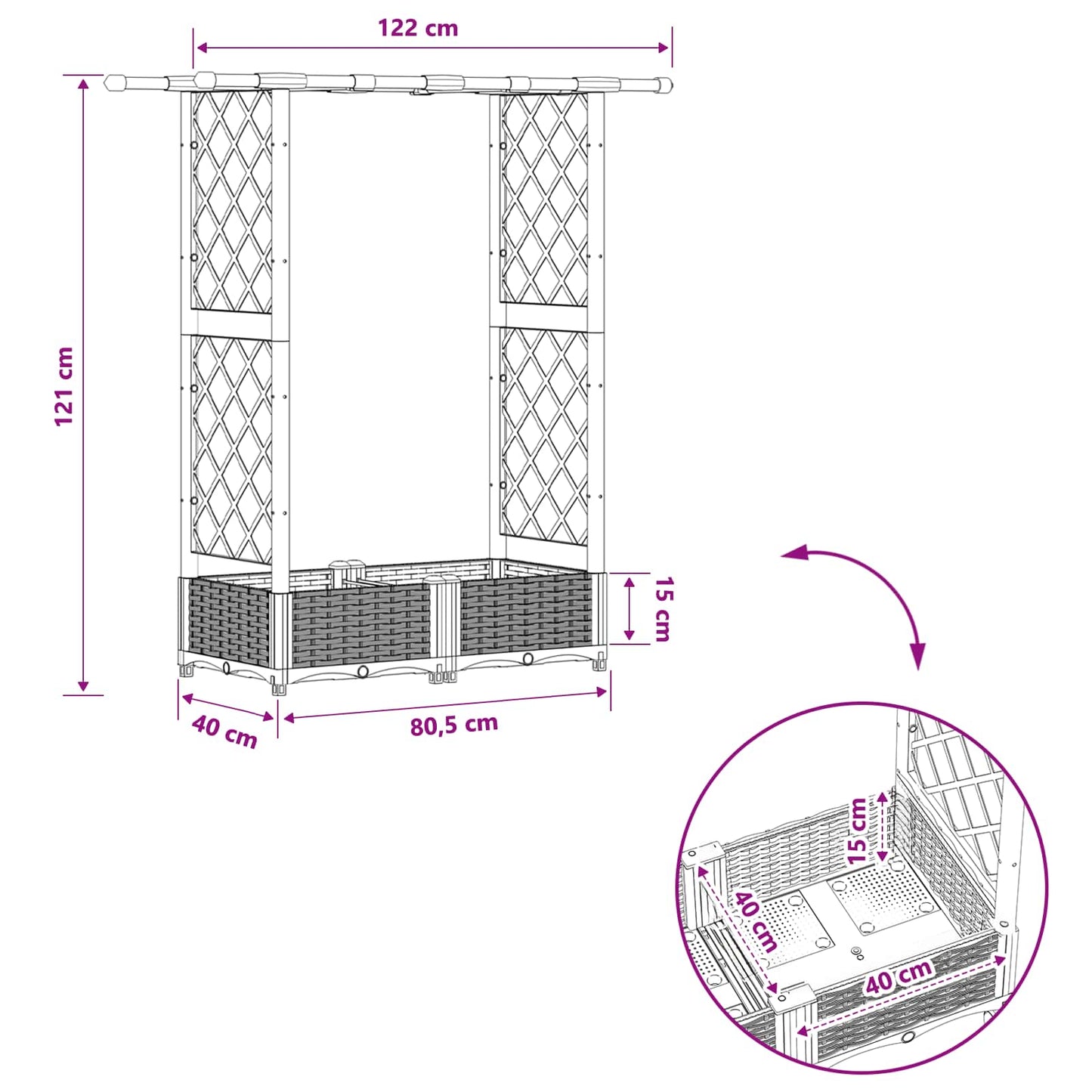 Verhoogd Bed met Trellis en Dak Lichtgrijs 122,5 x 40 x 121 cm