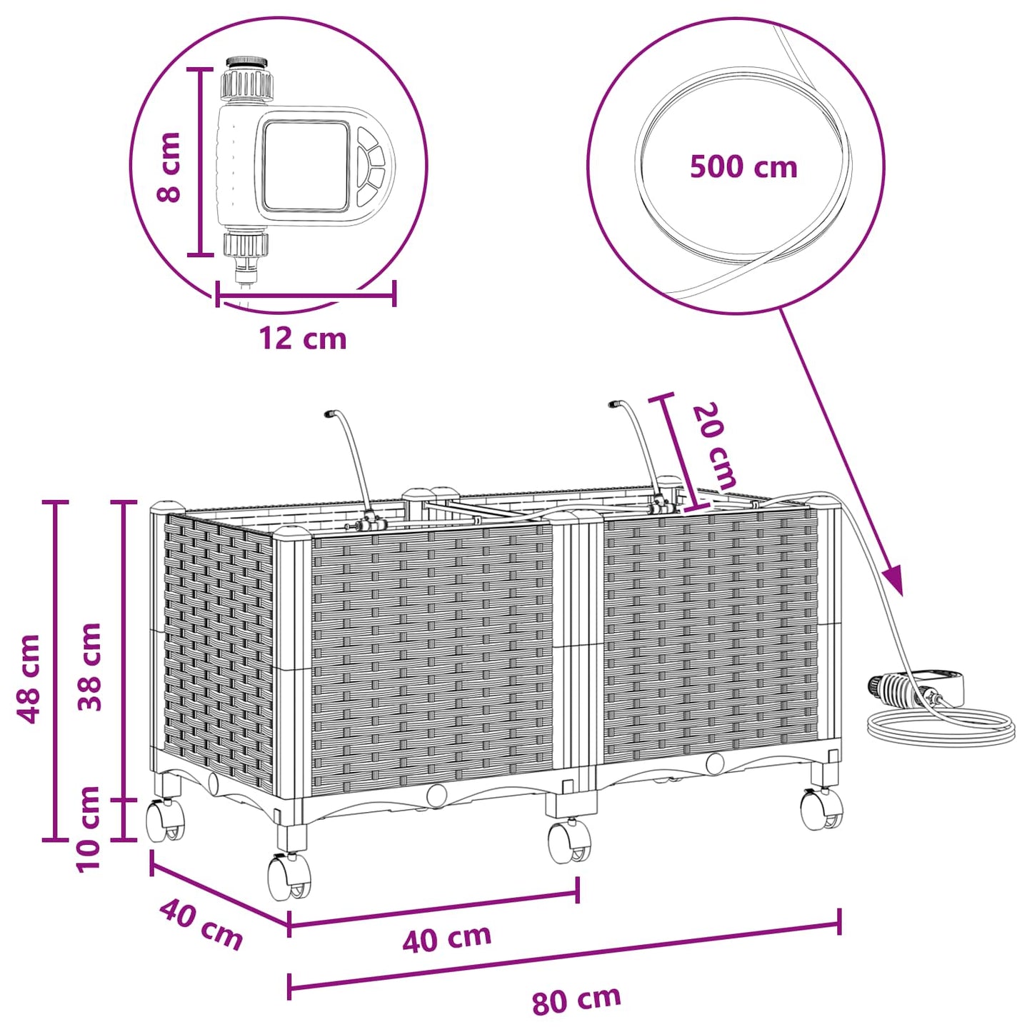 Tuin Pot met Irrigatie en Wielen 2 st Grijs 80 x 40 x 43,5 cm