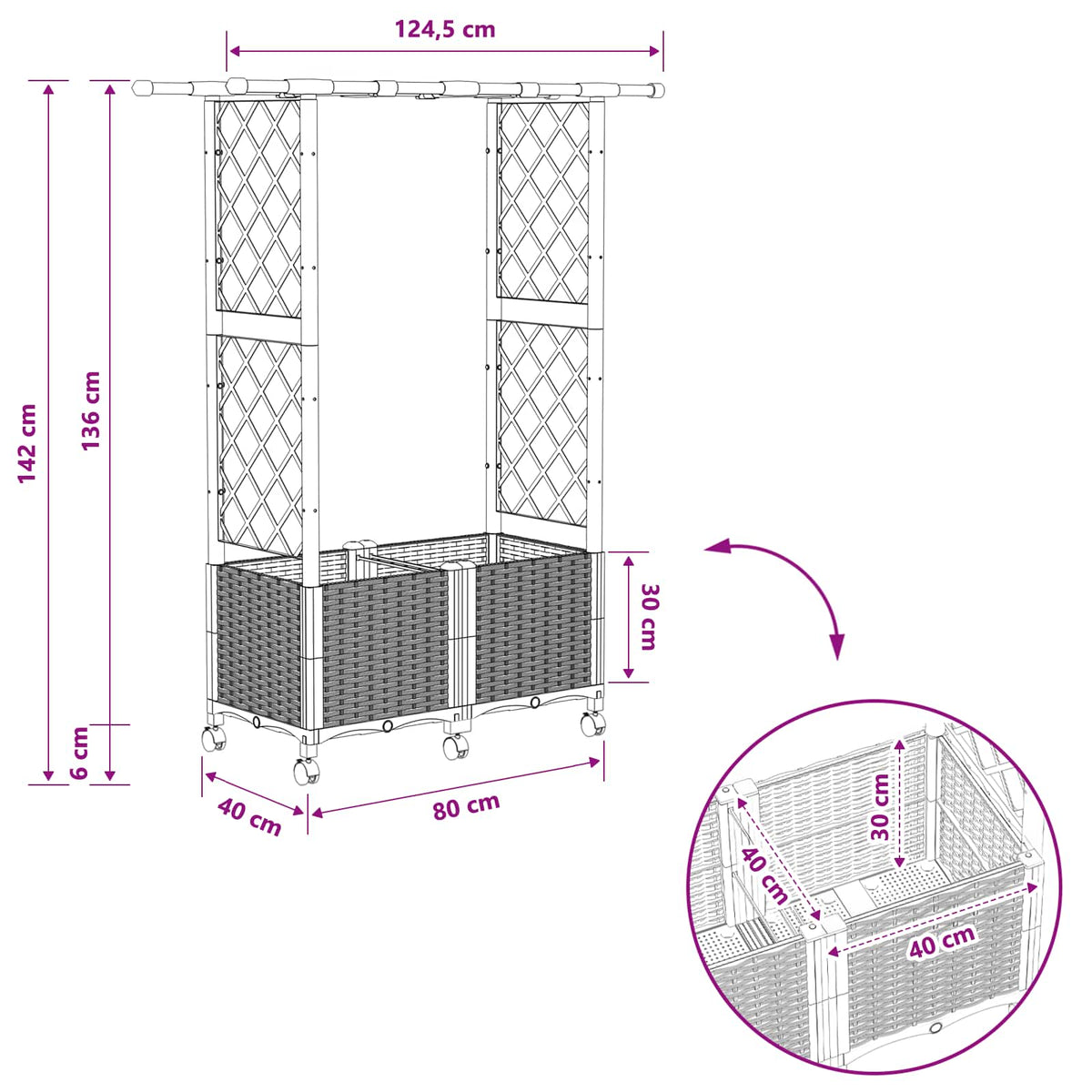 Verhoogd Bed met Trellis en Dak Zwart 124,5 x 40 x 142 cm PP