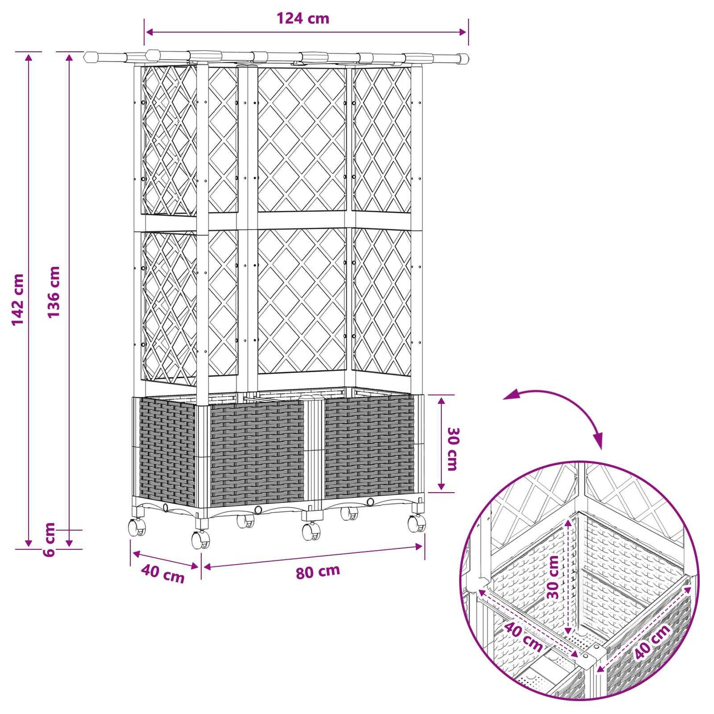 Verhoogd Bed met Trellis en Dak Lichtgrijs 124 x 40 x 142 cm PP
