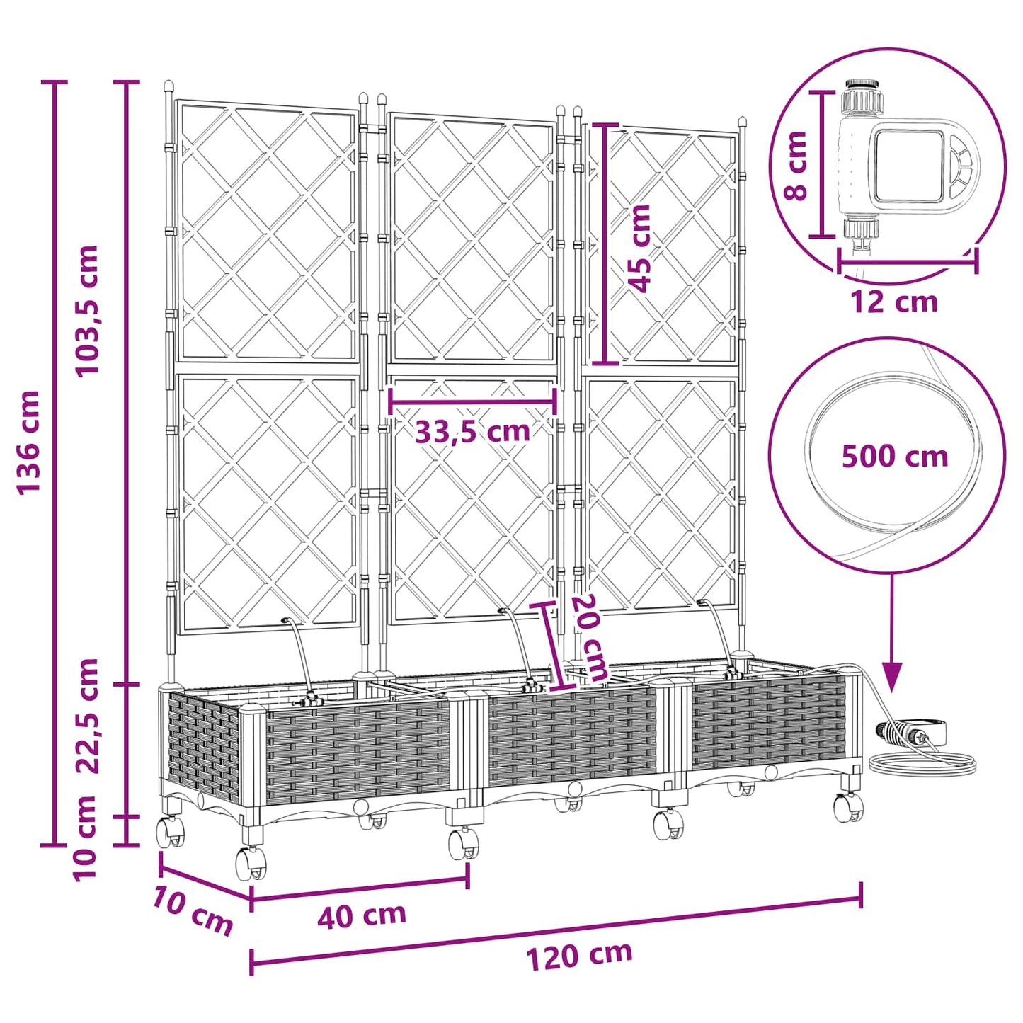Tuin Pot met Irrigatie en Wielen 3 st Bruin 120 x 40 x 132 cm