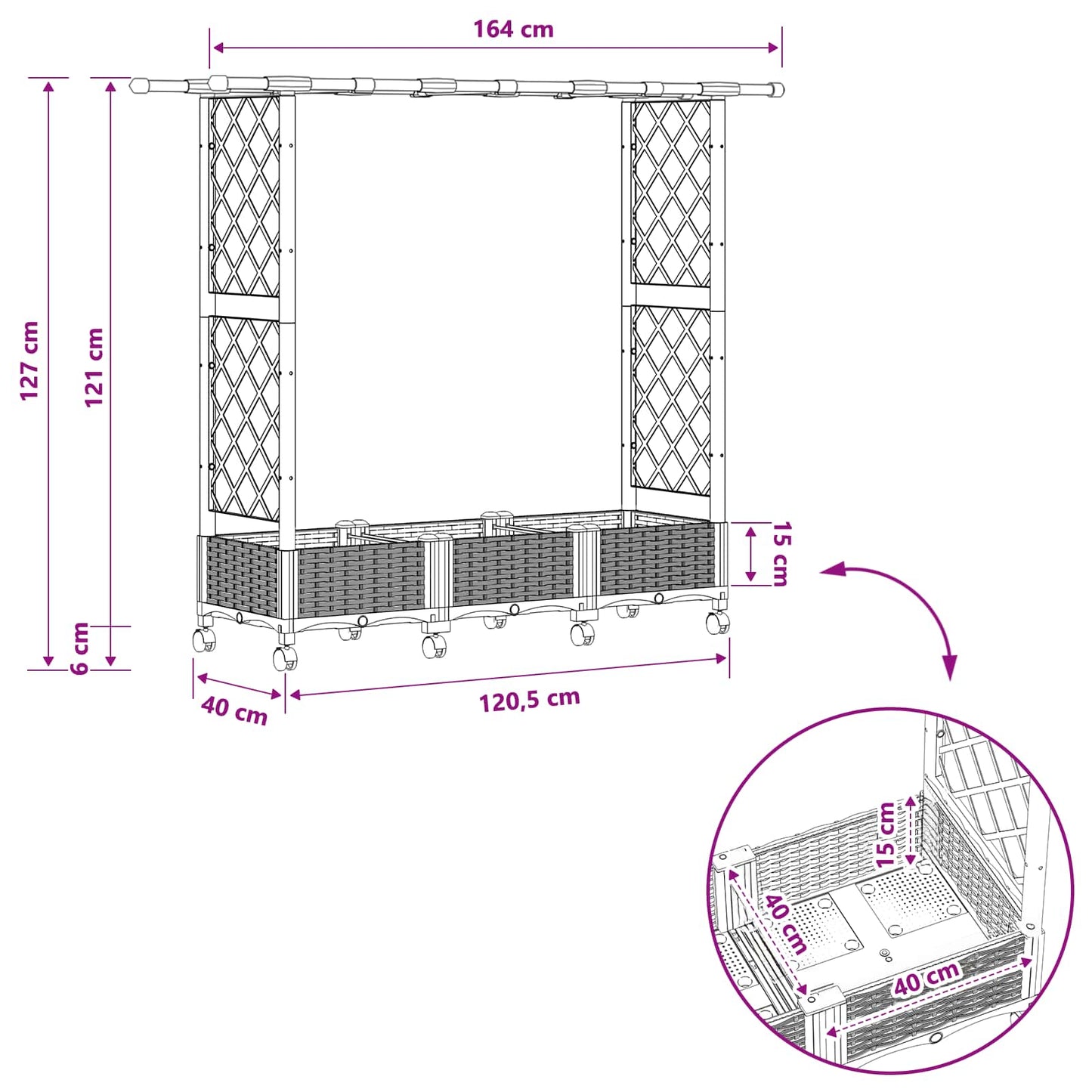 Verhoogd Bed met Trellis en Dak Zwart 164 x 40 x 127 cm PP