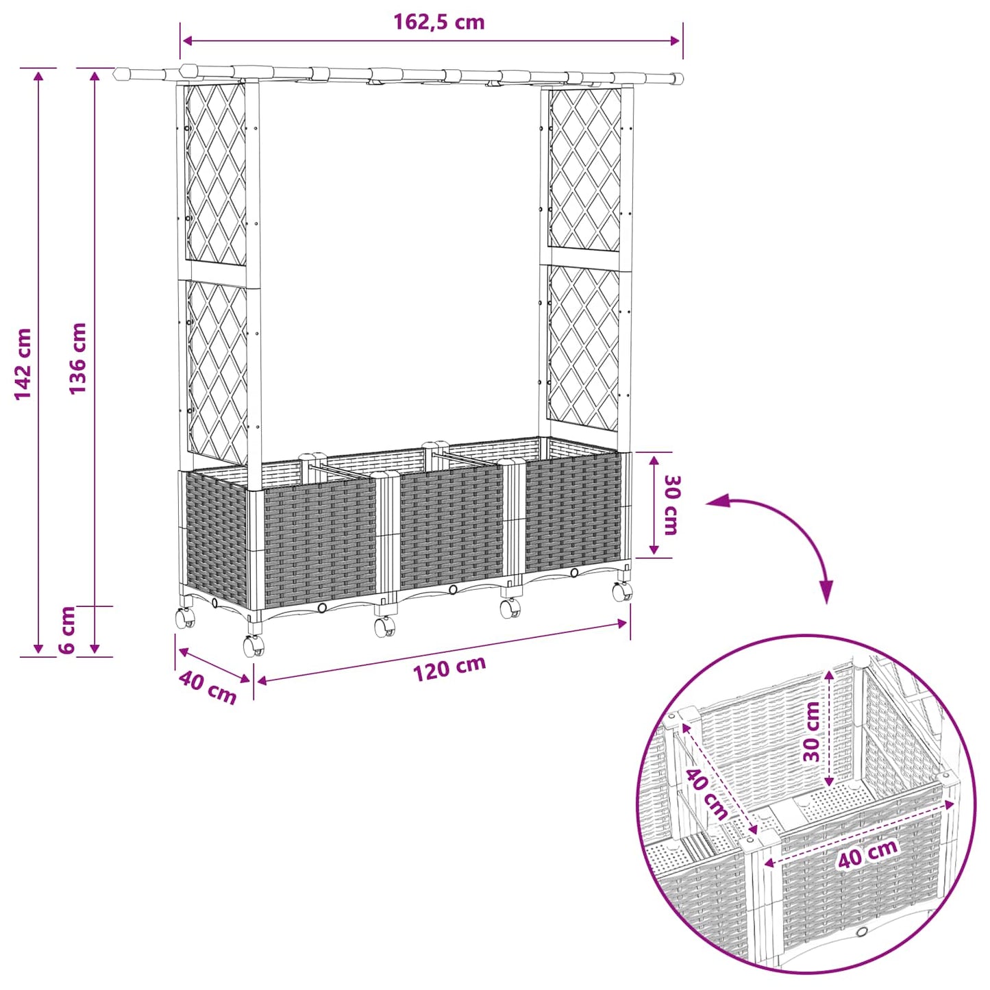 Verhoogd Bed met Trellis en Dak Zwart 162,5 x 40 x 142 cm PP