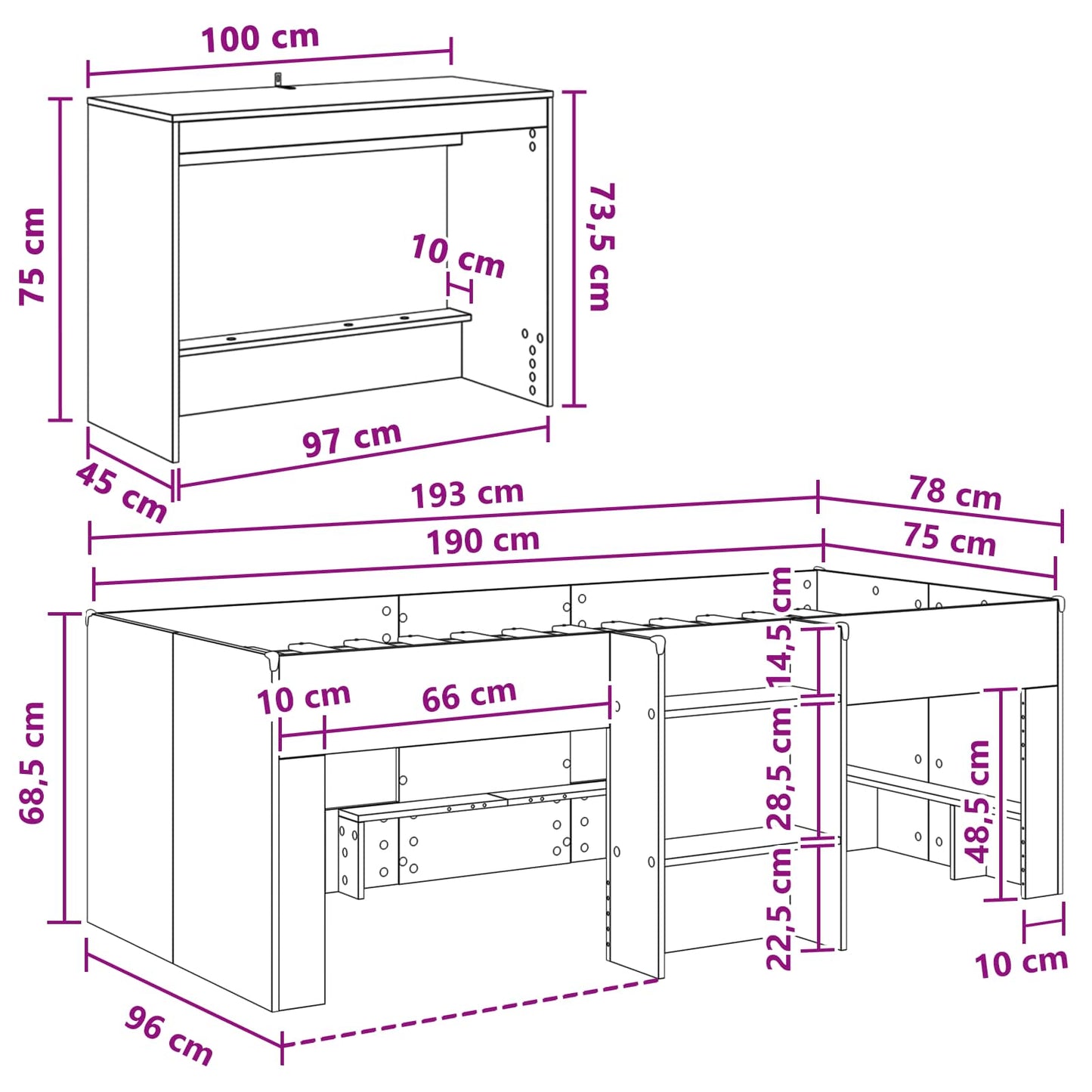 Hoge Bed Frame met Bureau voor Kinderen Wit 75 x 190 cm