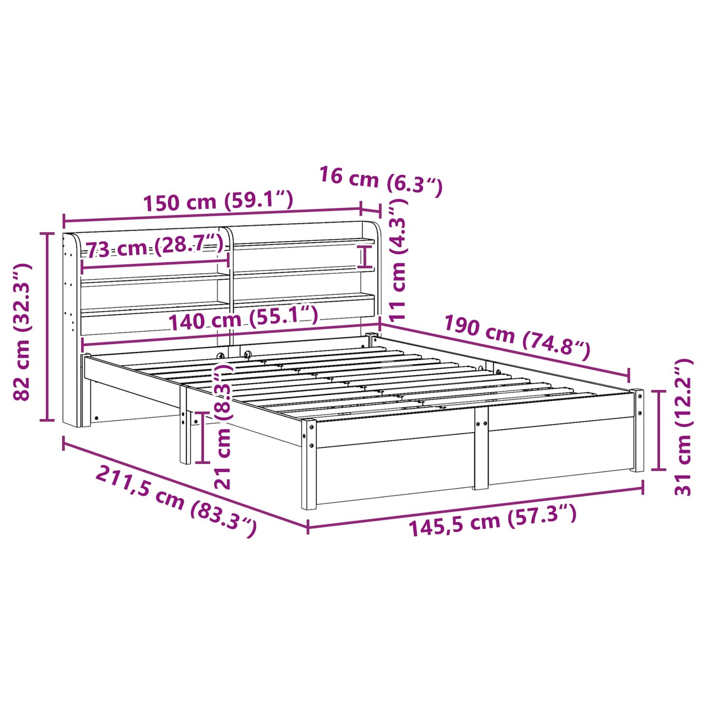 Bedframe met hoofdeinde met opslag Wasbruin Massief Vurenhout
