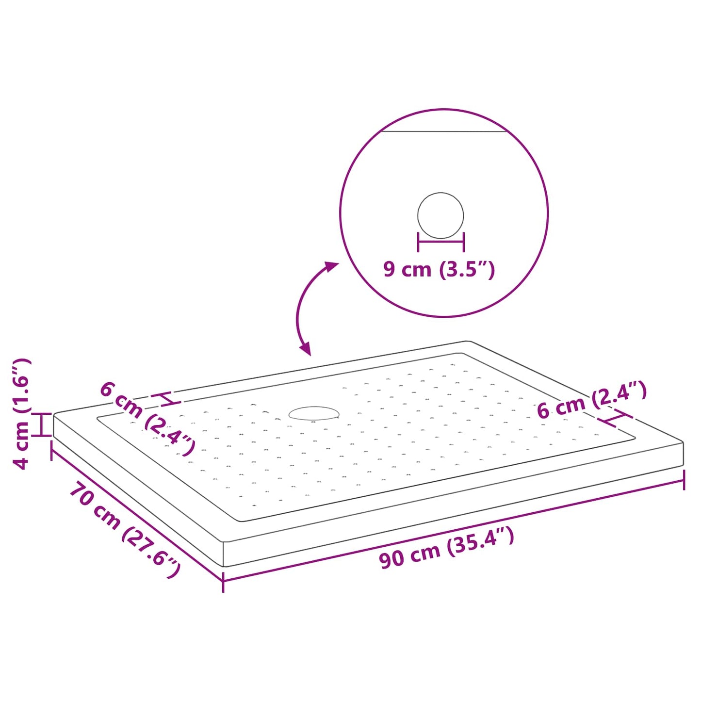 Douche Basis Tray met Dots 90 x 70 x 4 cm ABS Zwart