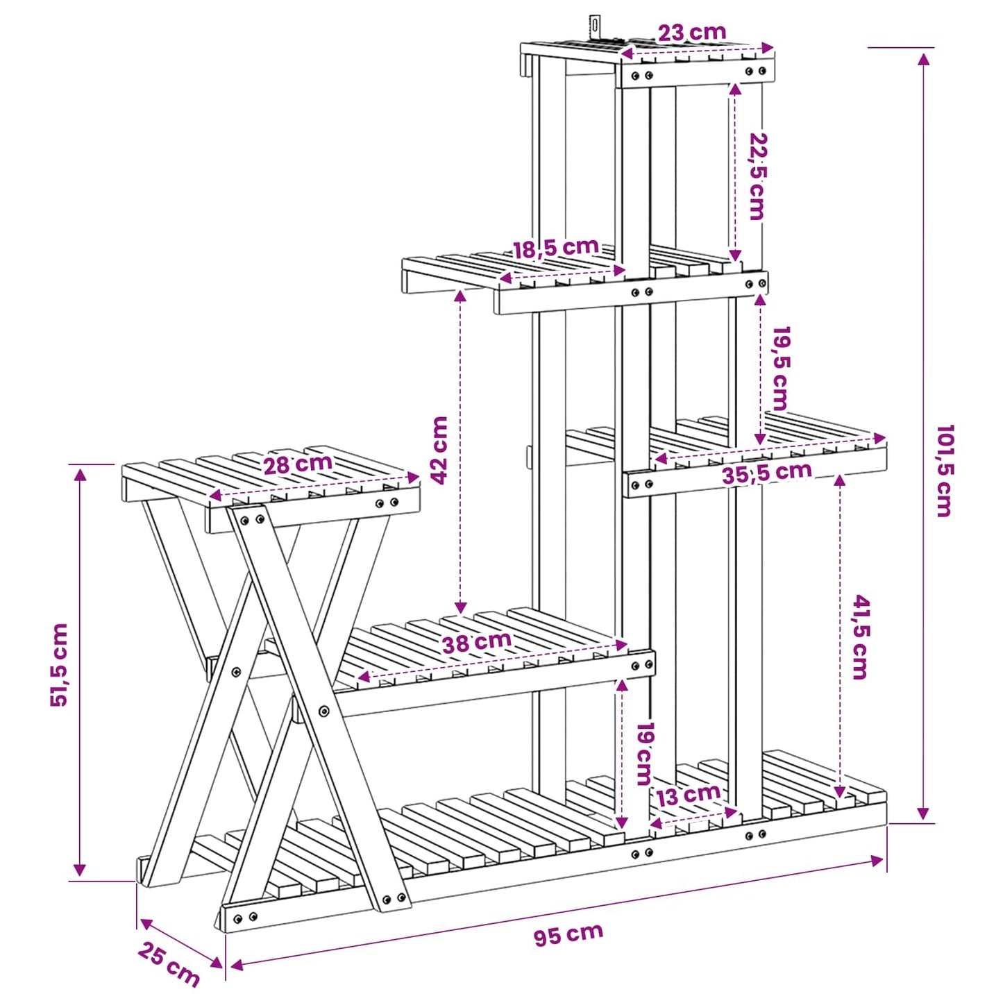 Plantenstandaard Wit 95 x 25 x 101,5 cm Massief Acaciahout