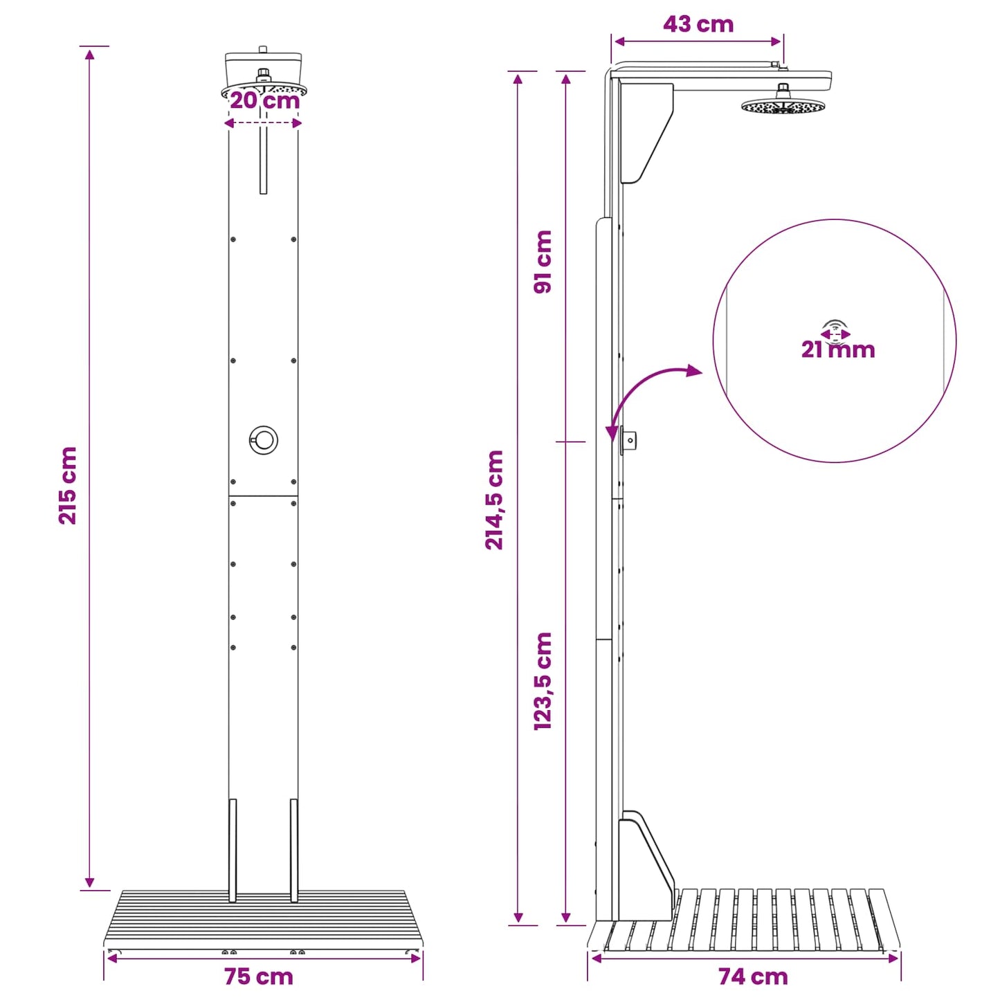 Buitendouche 219 cm Massief acaciahout en roestvrij staal Wit