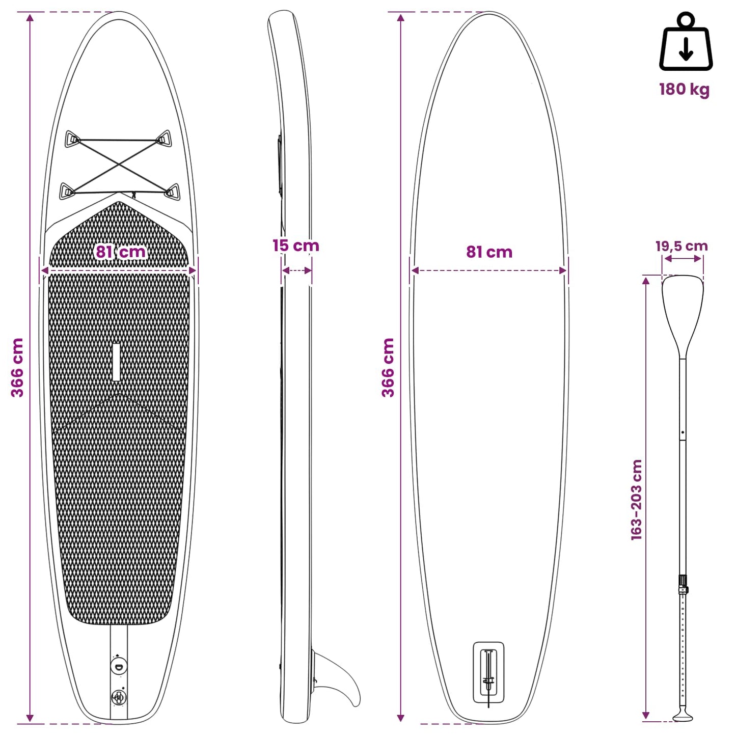 Opblaasbaar Stand Up Paddle Board POSEIDON 366 x 81 x 15 cm