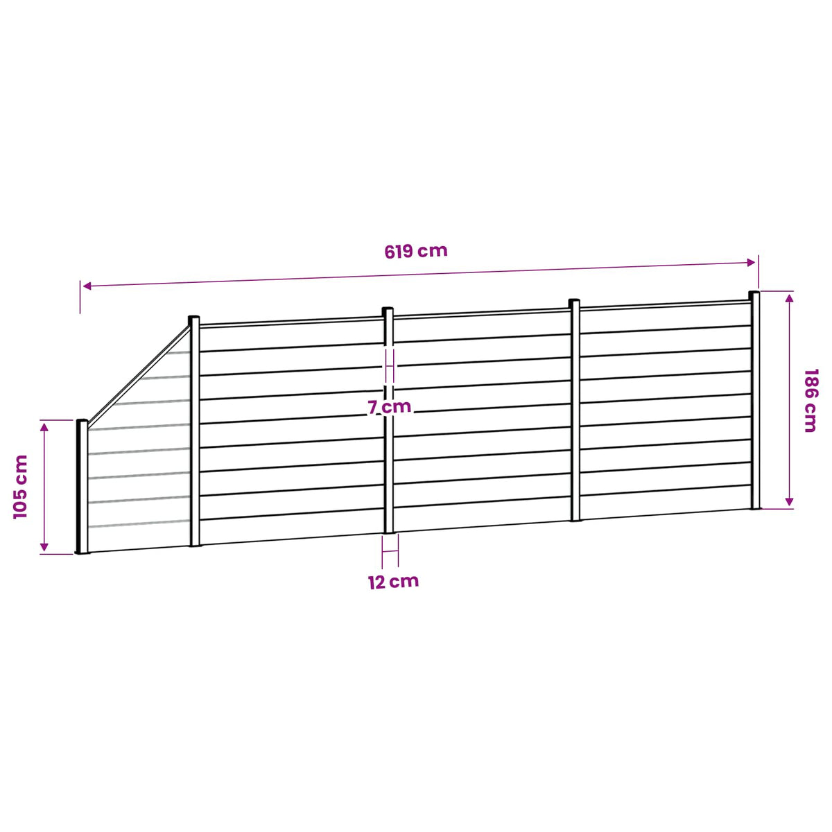 Hek set 619 x 186 cm WPC en Aluminium Grijs