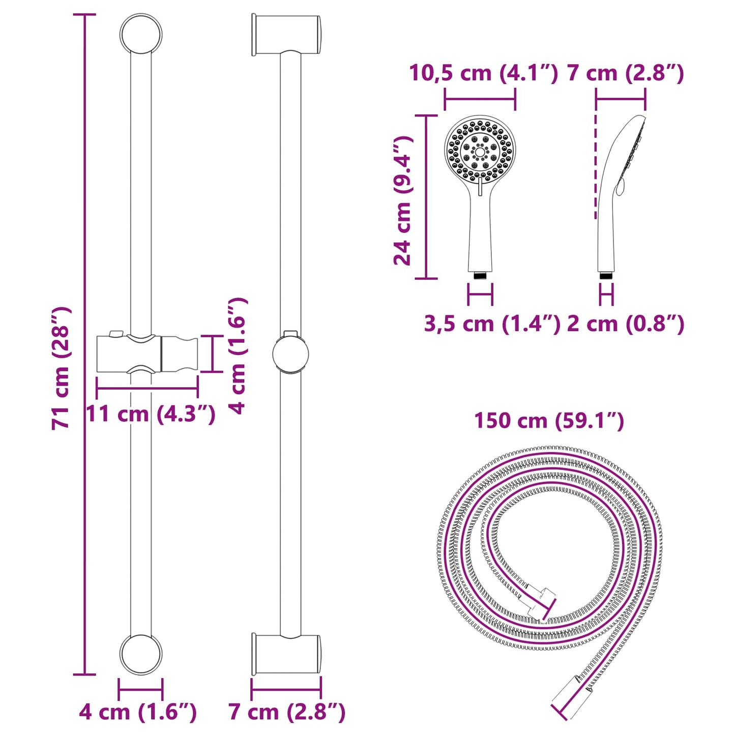 Douchesysteem set Zwart 71 cm Roestvrij staal
