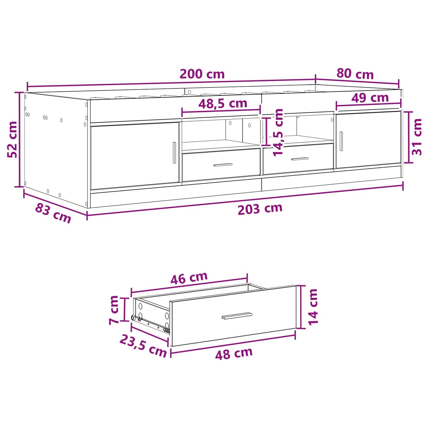 Bedframe met opslag Sonoma Eiken 80 x 200 cm Bewerkt hout