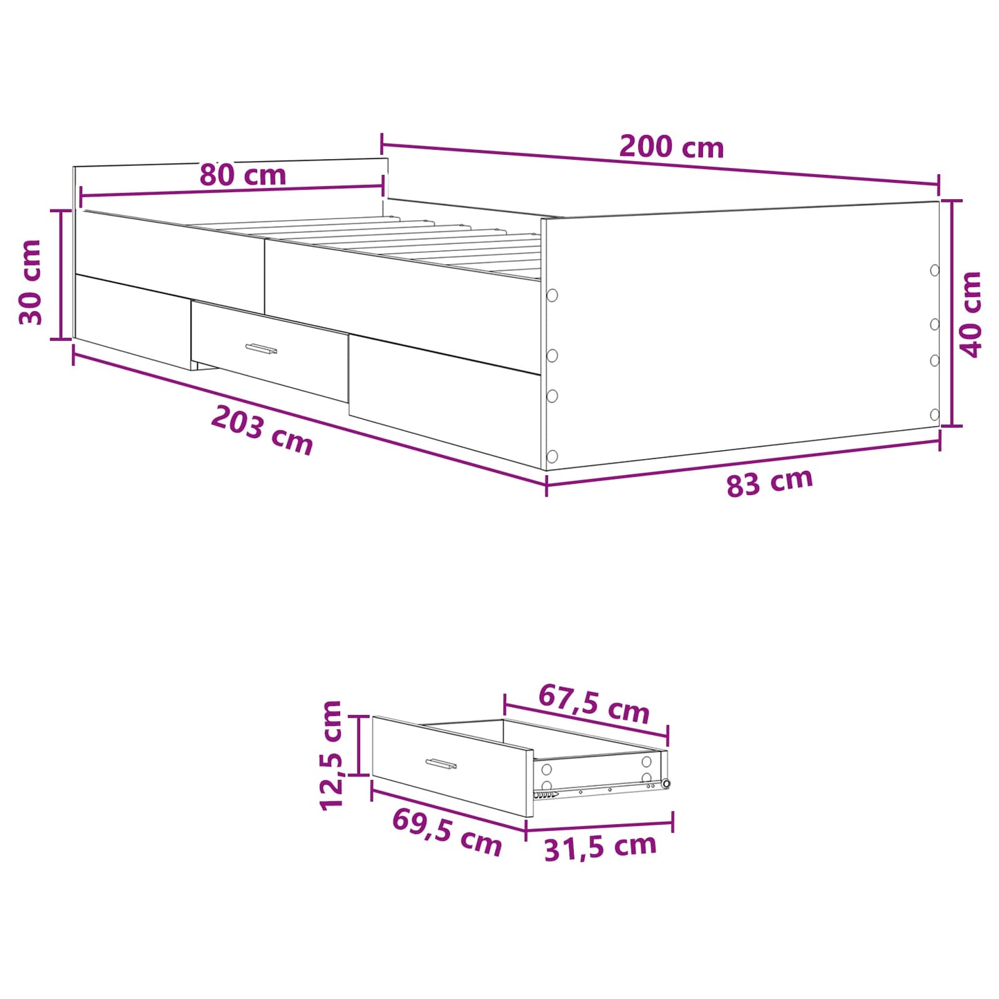 Bedframe met opslag met lade Oud hout 80 x 200 cm Bewerkt hout