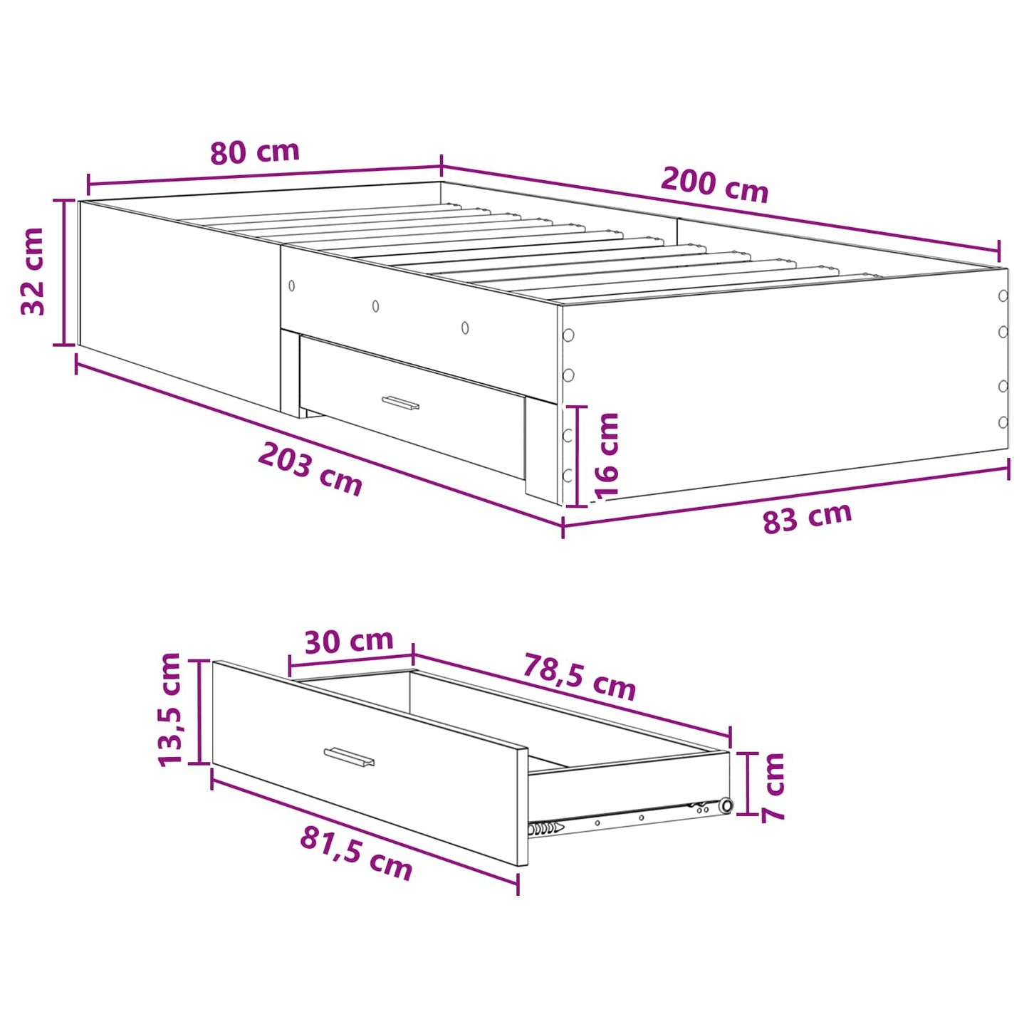 Bedframe met lade met opslag Grijs Sonoma Bewerkt hout