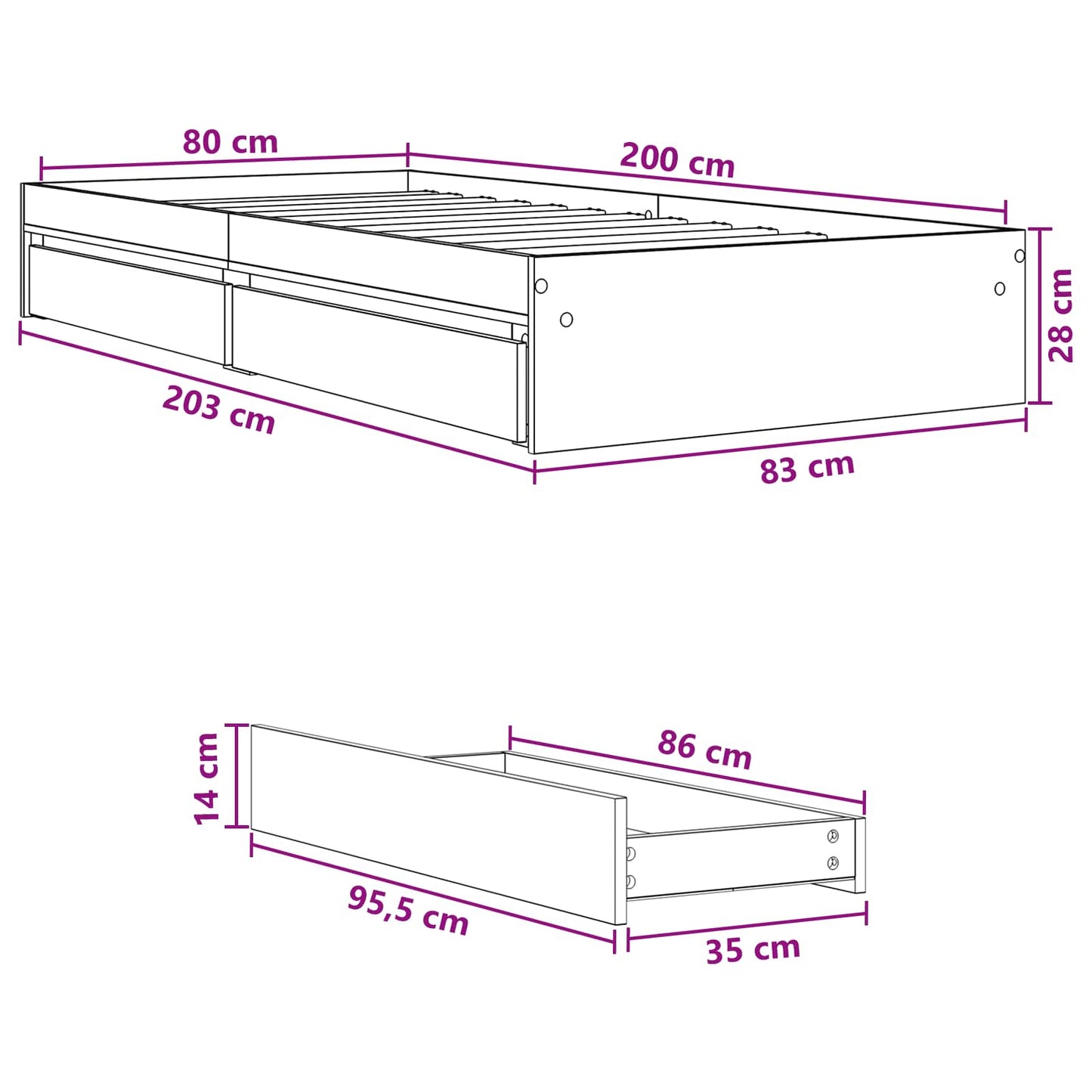 Bedframe met opslag Grijs Sonoma 80 x 200 cm Bewerkt hout