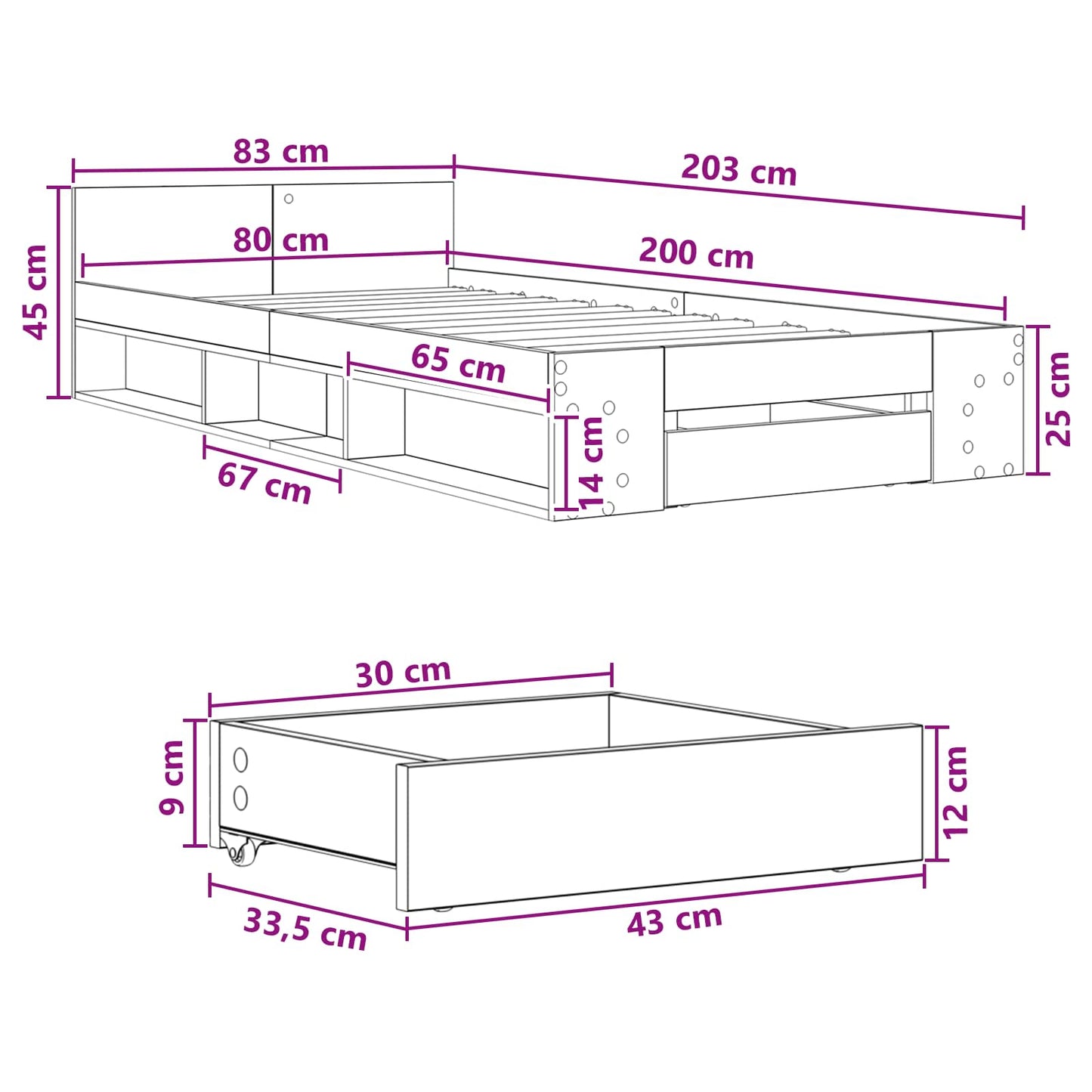 Bedframe met opslag met lade Wit 80 x 200 cm Bewerkt hout