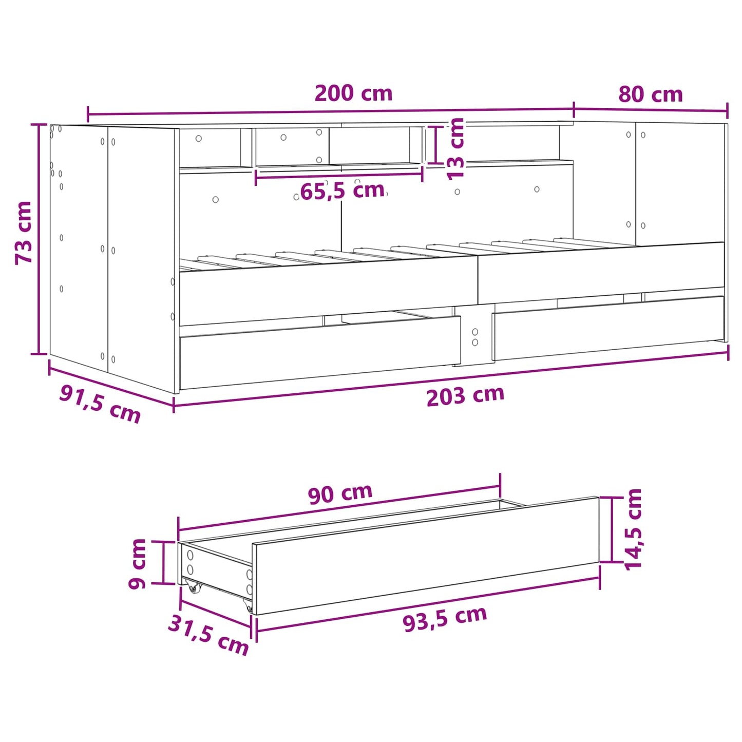 Dagbed met lade met plank met opslag Gerookt eiken Bewerkt hout