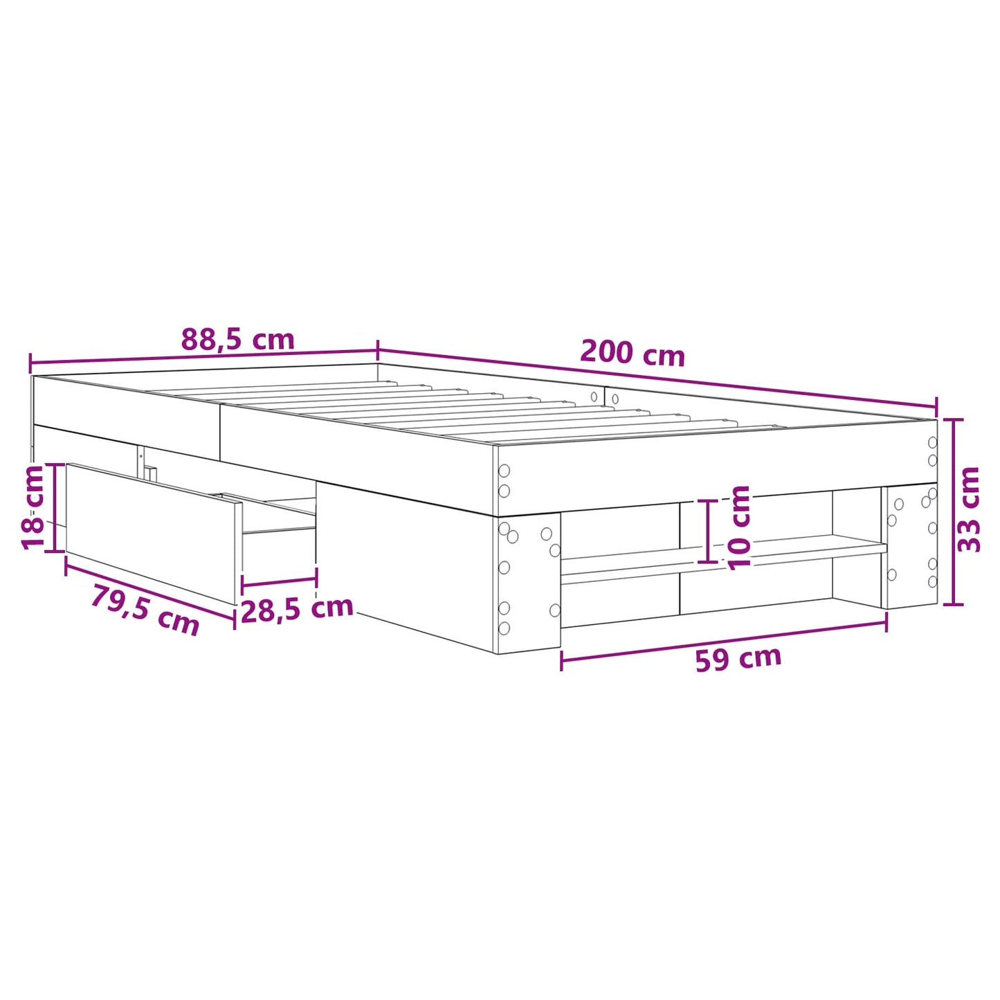 Bedframe met opslag met lade Wit 80 x 200 cm Bewerkt hout