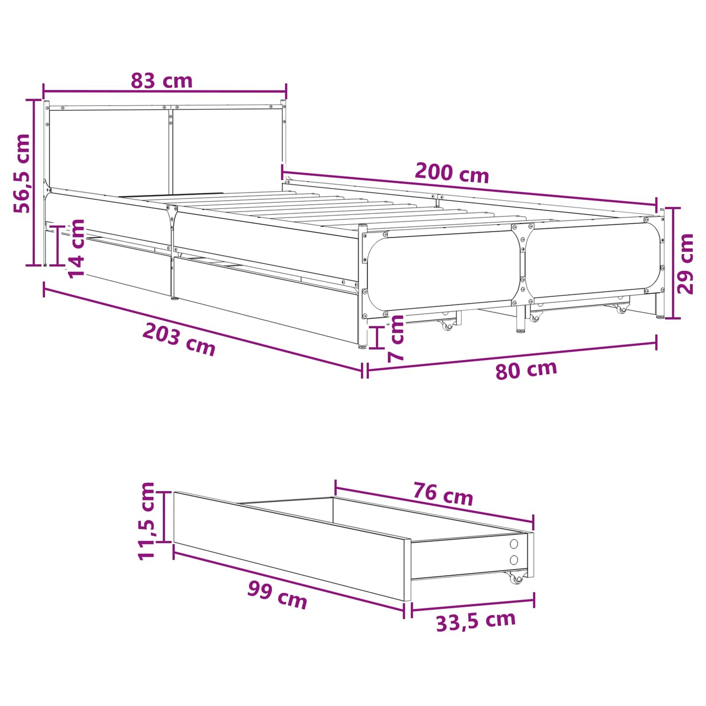 Bedframe met Hoofdeinde Zwart eiken 80 x 200 cm Bewerkt hout