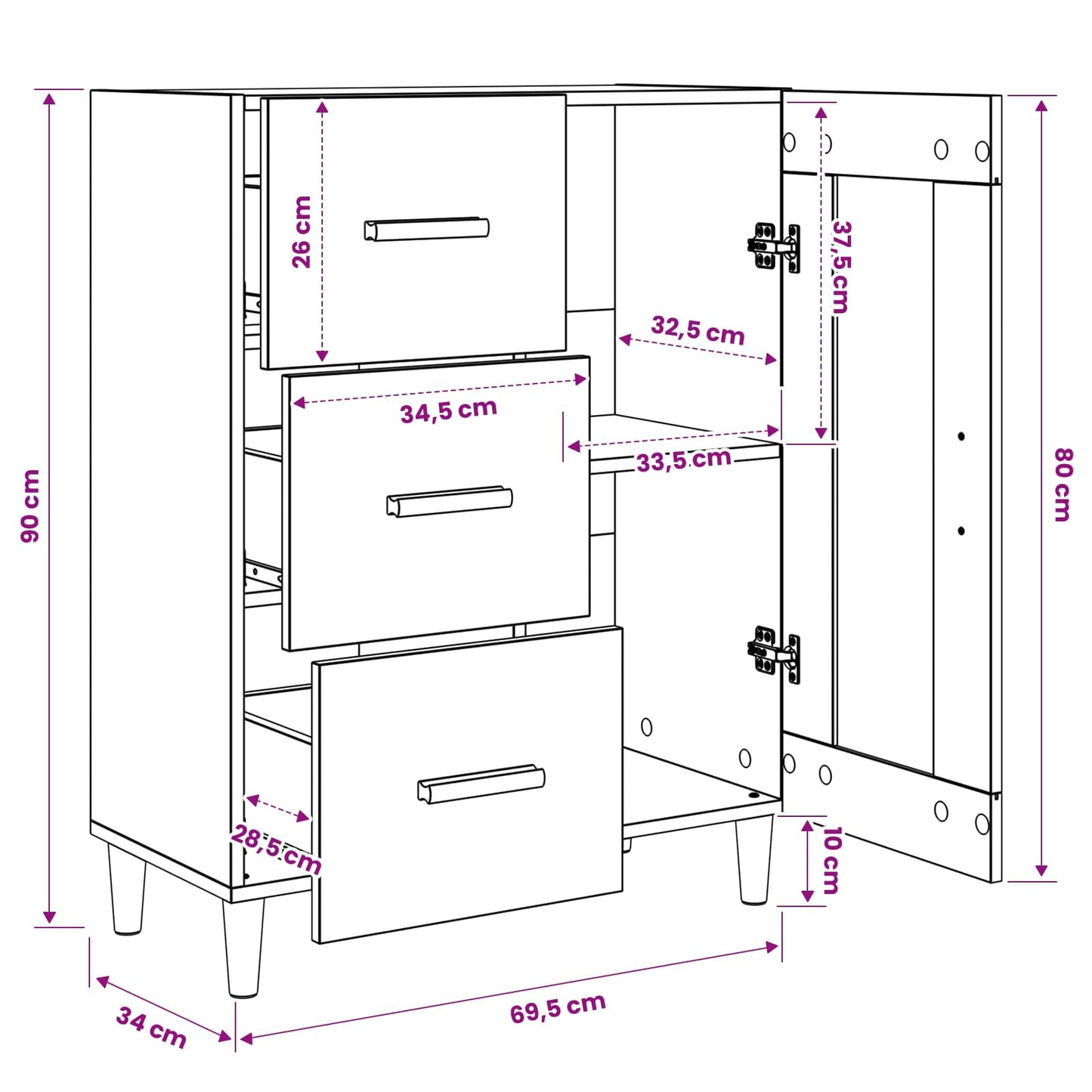 Dressoir Zwart eiken 69,5 x 34 x 90 cm Bewerkt hout