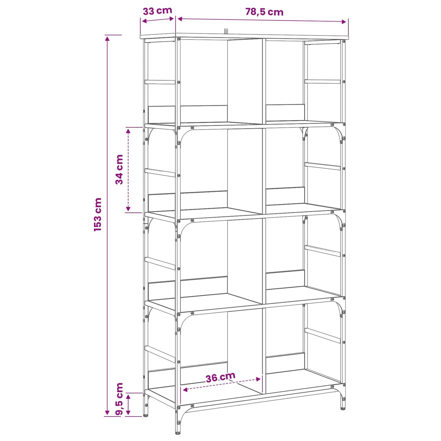 Boekenkast 4-laags 78,5 x 33 x 153 cm metaal PB Oud hout